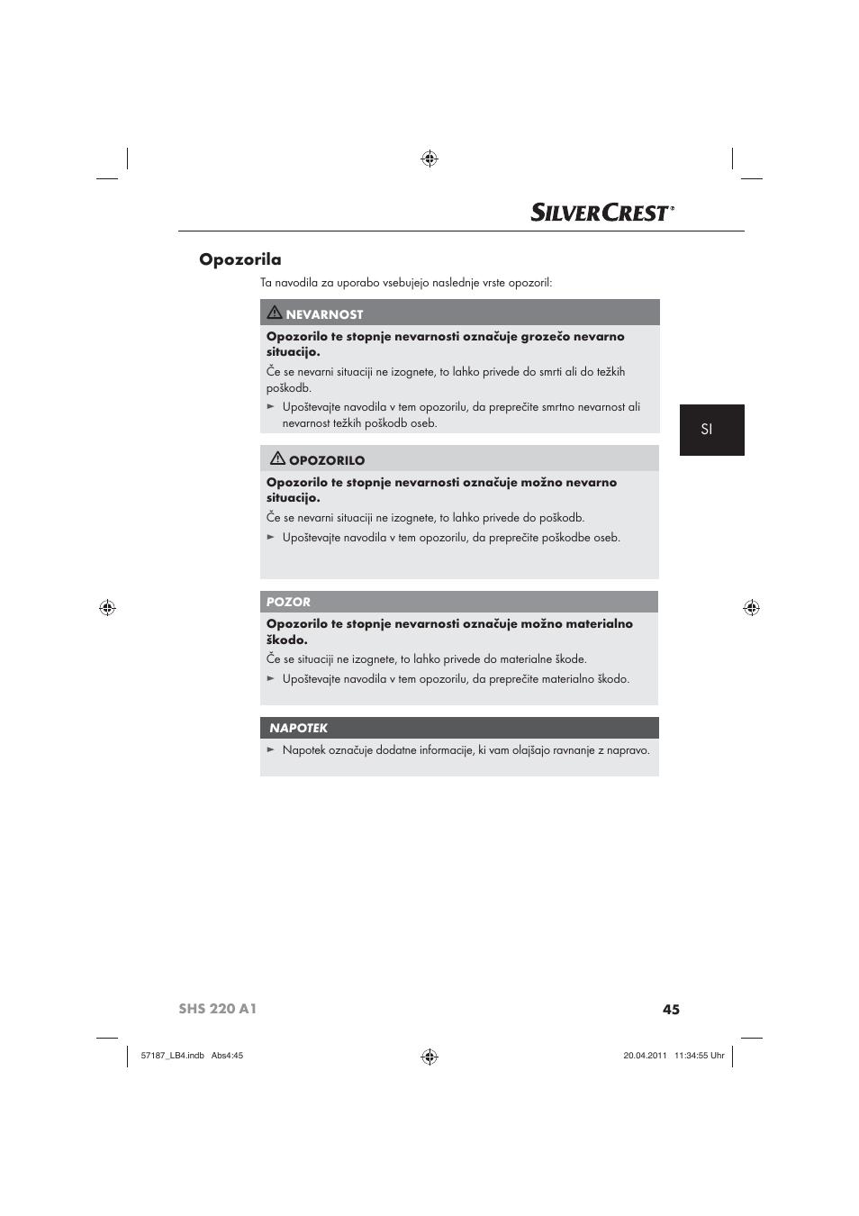 Opozorila | Silvercrest SHS 220 A1 User Manual | Page 47 / 86