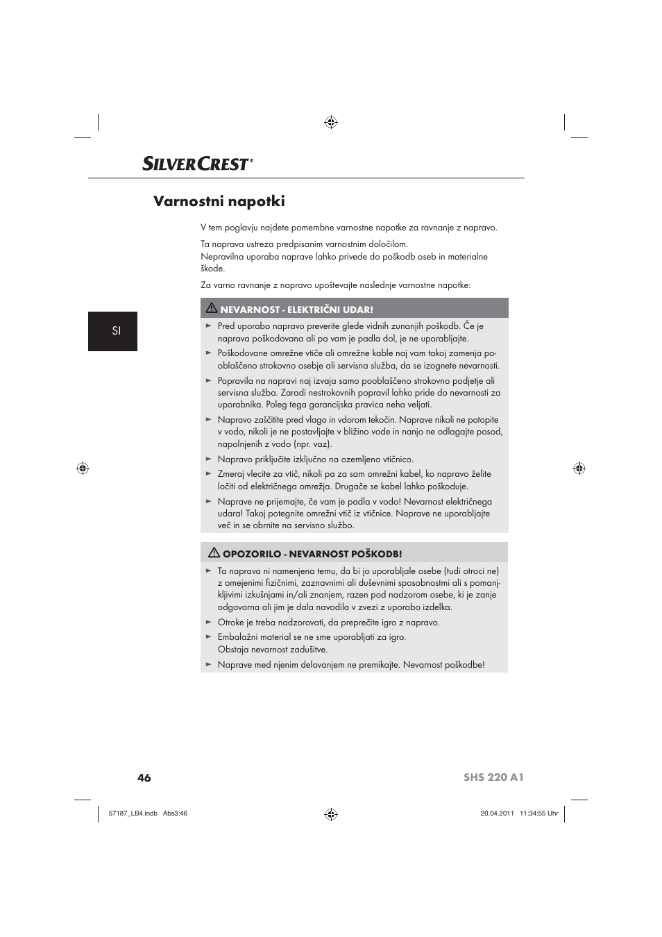 Varnostni napotki | Silvercrest SHS 220 A1 User Manual | Page 48 / 86