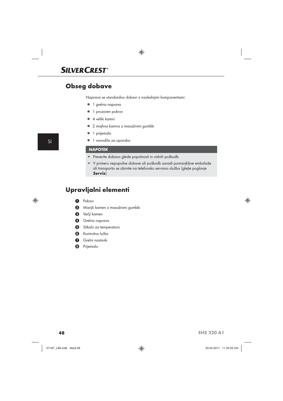 Obseg dobave, Upravljalni elementi | Silvercrest SHS 220 A1 User Manual | Page 50 / 86