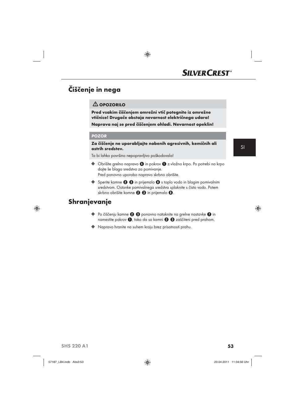 Čiščenje in nega, Shranjevanje | Silvercrest SHS 220 A1 User Manual | Page 55 / 86
