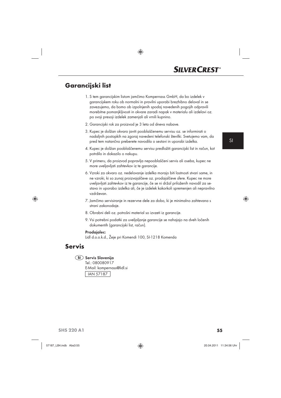 Garancijski list, Servis | Silvercrest SHS 220 A1 User Manual | Page 57 / 86