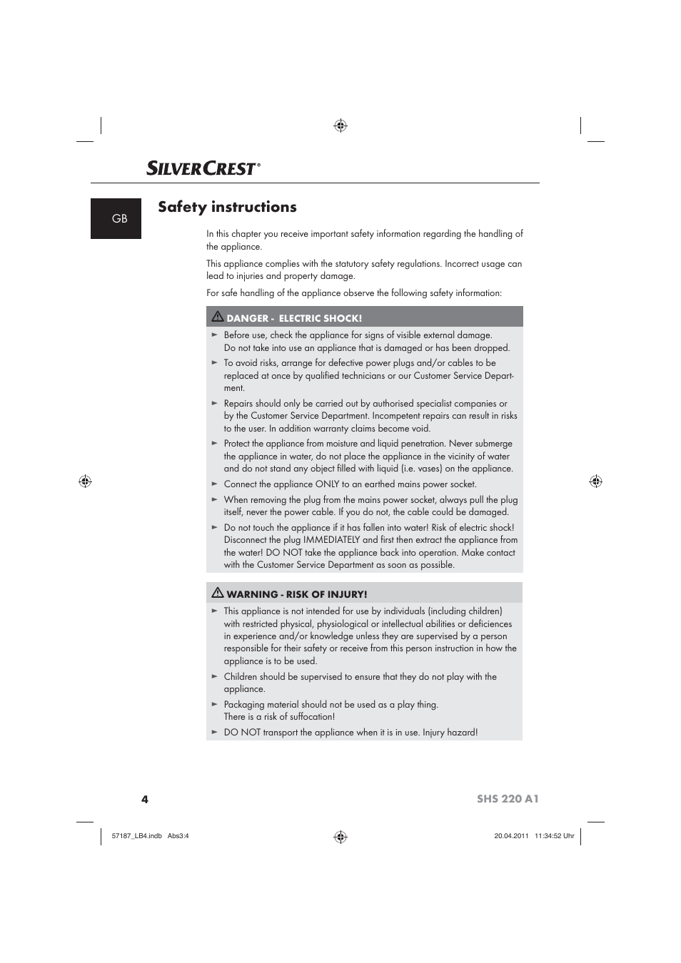 Safety instructions | Silvercrest SHS 220 A1 User Manual | Page 6 / 86