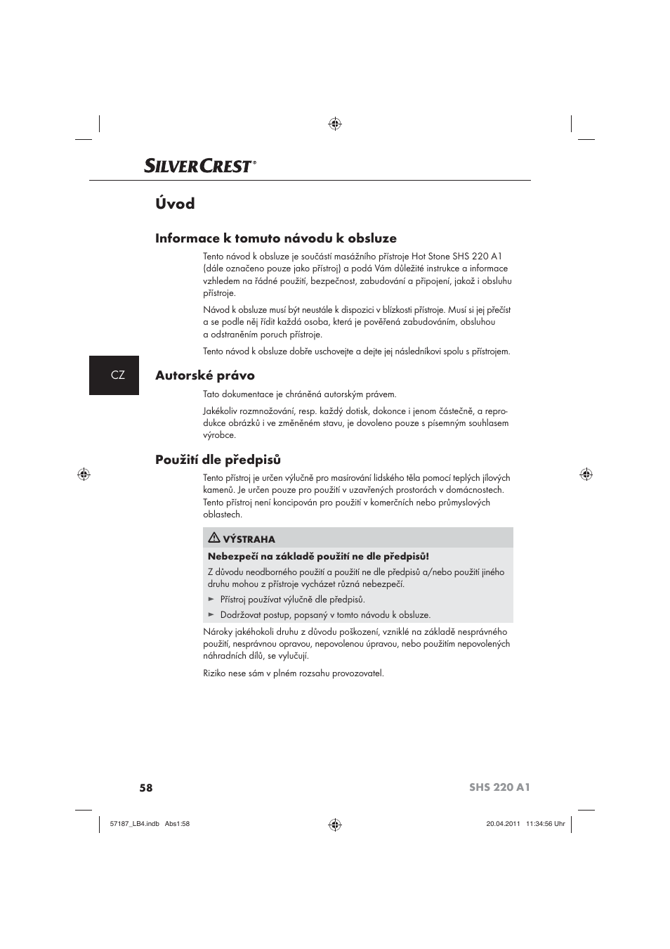 Úvod, Informace k tomuto návodu k obsluze, Autorské právo | Použití dle předpisů | Silvercrest SHS 220 A1 User Manual | Page 60 / 86