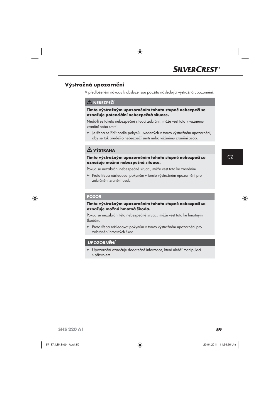 Výstražná upozornění | Silvercrest SHS 220 A1 User Manual | Page 61 / 86