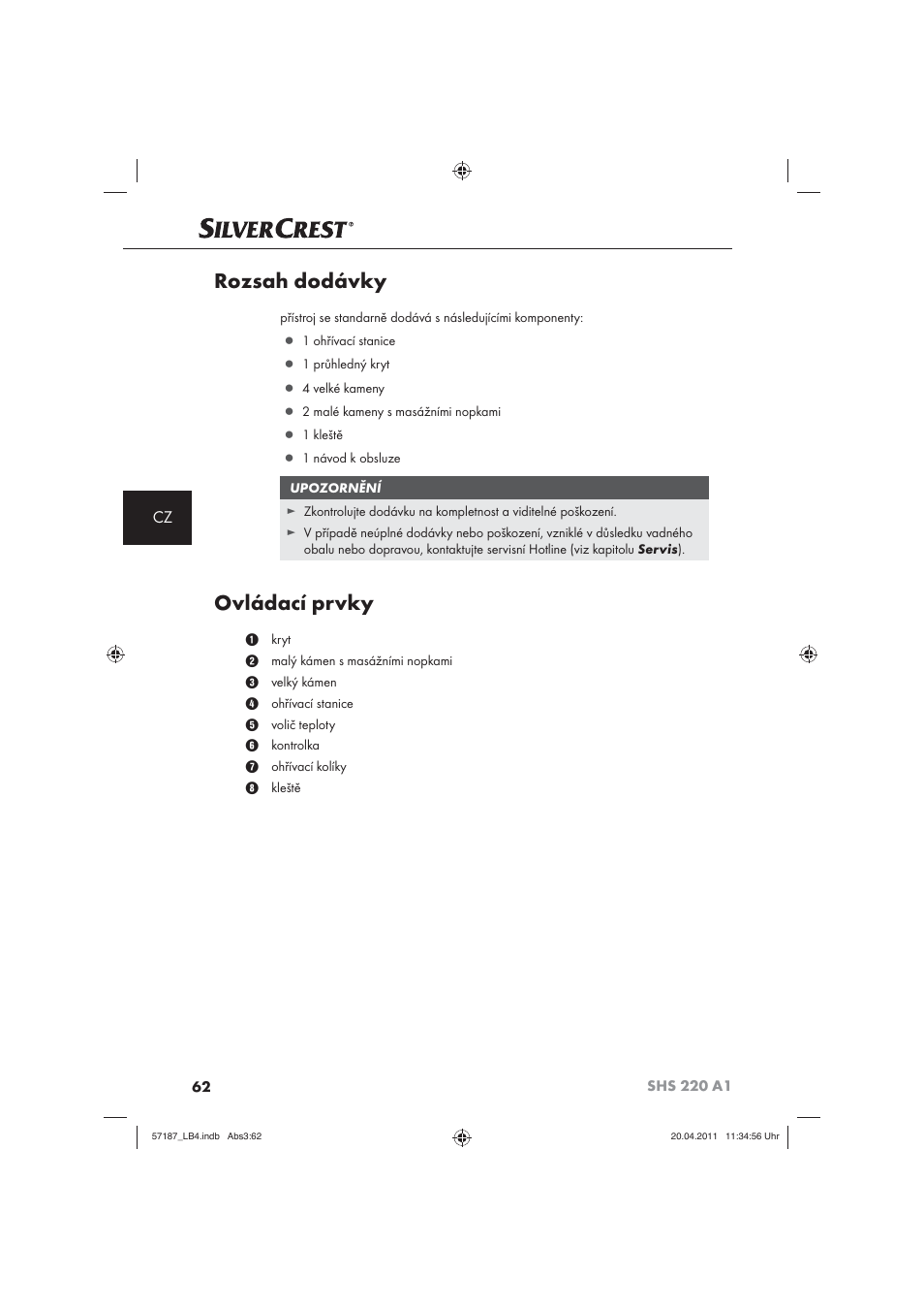 Rozsah dodávky, Ovládací prvky | Silvercrest SHS 220 A1 User Manual | Page 64 / 86