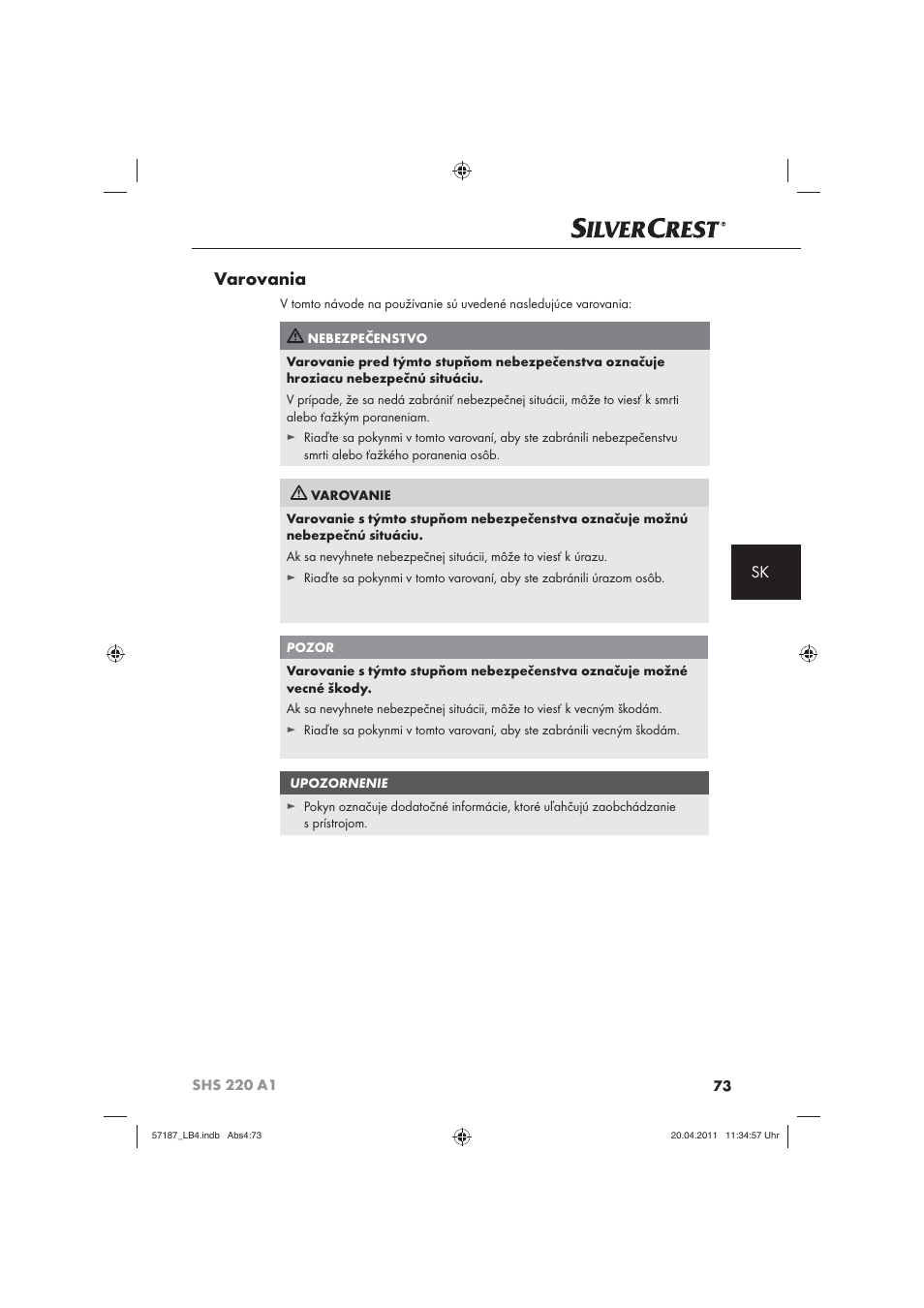 Varovania | Silvercrest SHS 220 A1 User Manual | Page 75 / 86