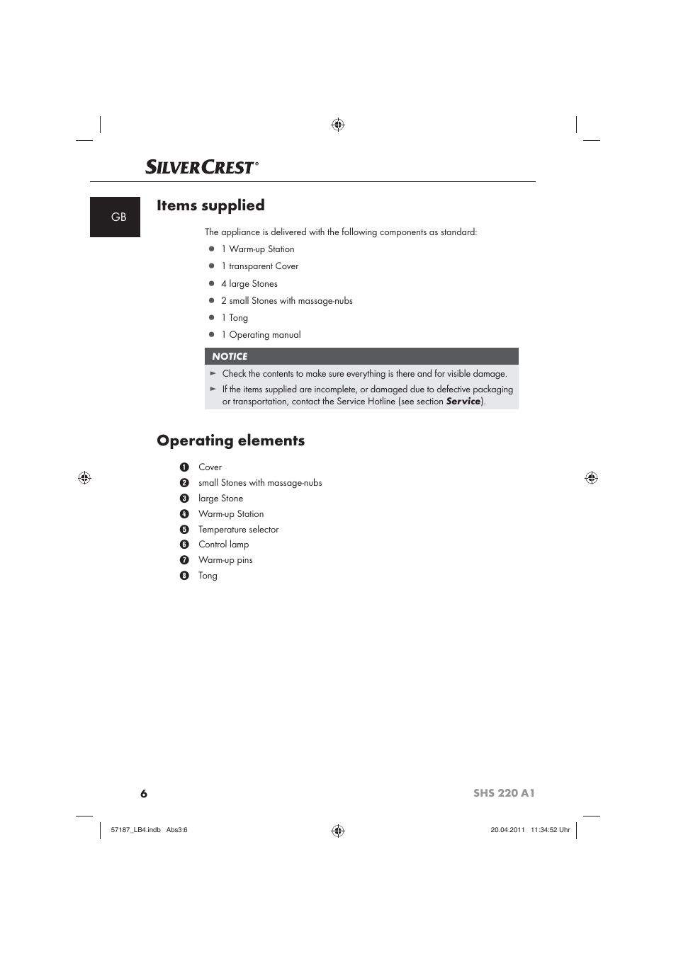 Items supplied, Operating elements | Silvercrest SHS 220 A1 User Manual | Page 8 / 86