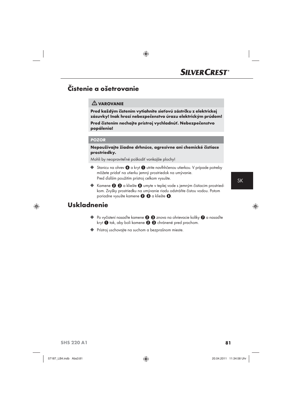 Čistenie a ošetrovanie, Uskladnenie | Silvercrest SHS 220 A1 User Manual | Page 83 / 86