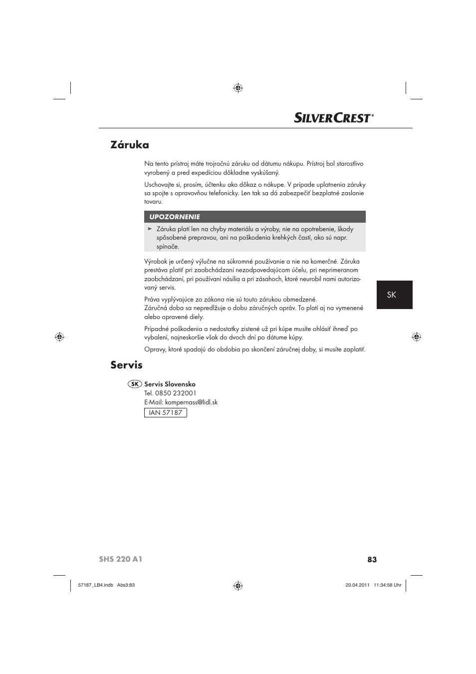 Záruka, Servis | Silvercrest SHS 220 A1 User Manual | Page 85 / 86