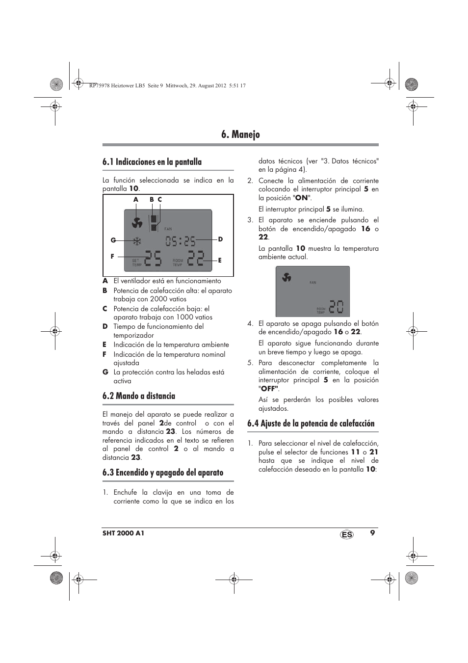 Manejo, 1 indicaciones en la pantalla, 2 mando a distancia | 3 encendido y apagado del aparato, 4 ajuste de la potencia de calefacción | Silvercrest SHT 2000 A1 User Manual | Page 11 / 70