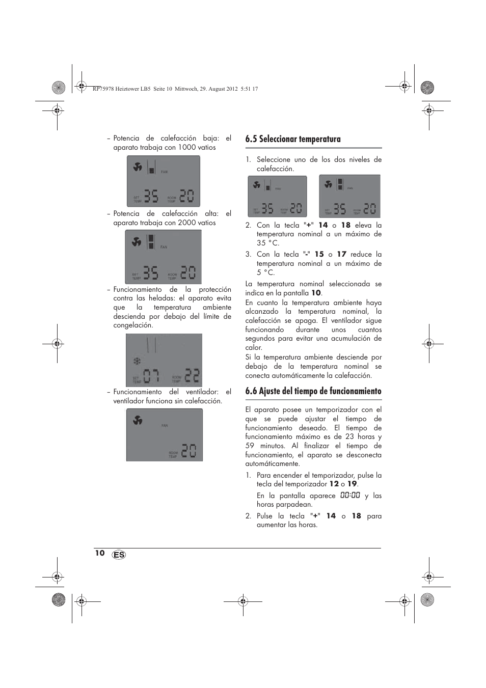 5 seleccionar temperatura, 6 ajuste del tiempo de funcionamiento | Silvercrest SHT 2000 A1 User Manual | Page 12 / 70