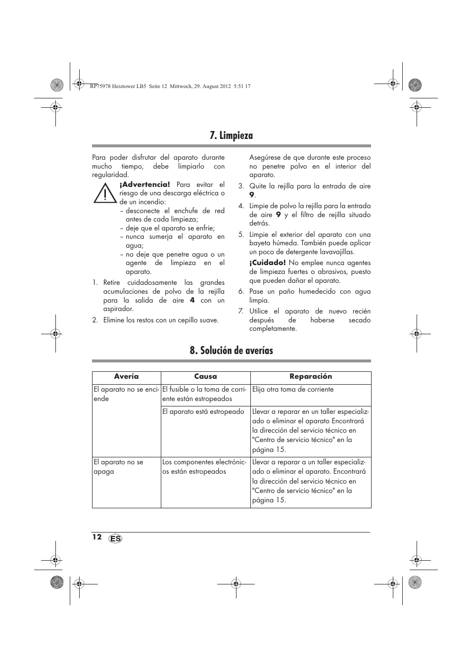 Limpieza, Solución de averías | Silvercrest SHT 2000 A1 User Manual | Page 14 / 70