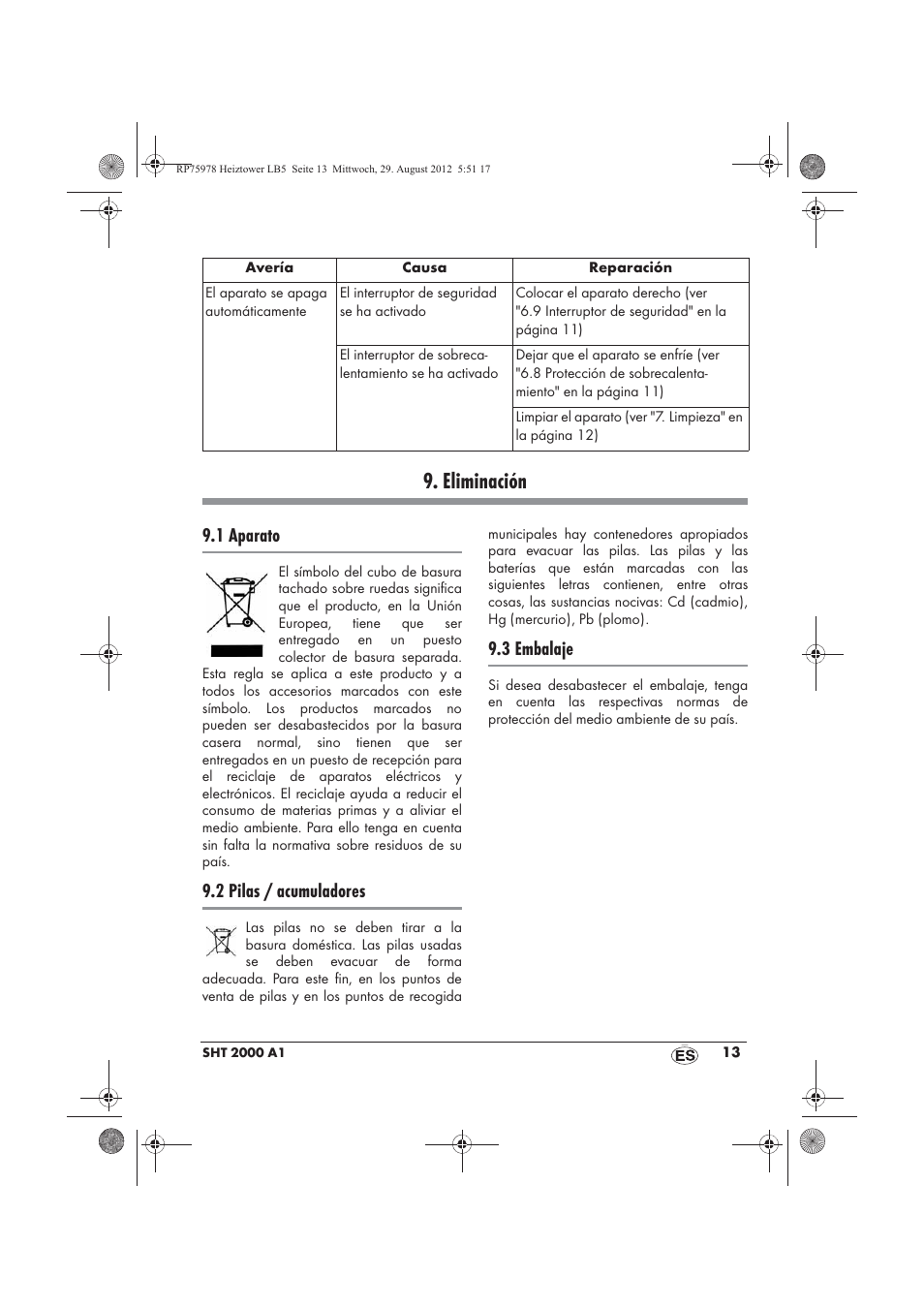 Eliminación, 1 aparato, 2 pilas / acumuladores | 3 embalaje | Silvercrest SHT 2000 A1 User Manual | Page 15 / 70