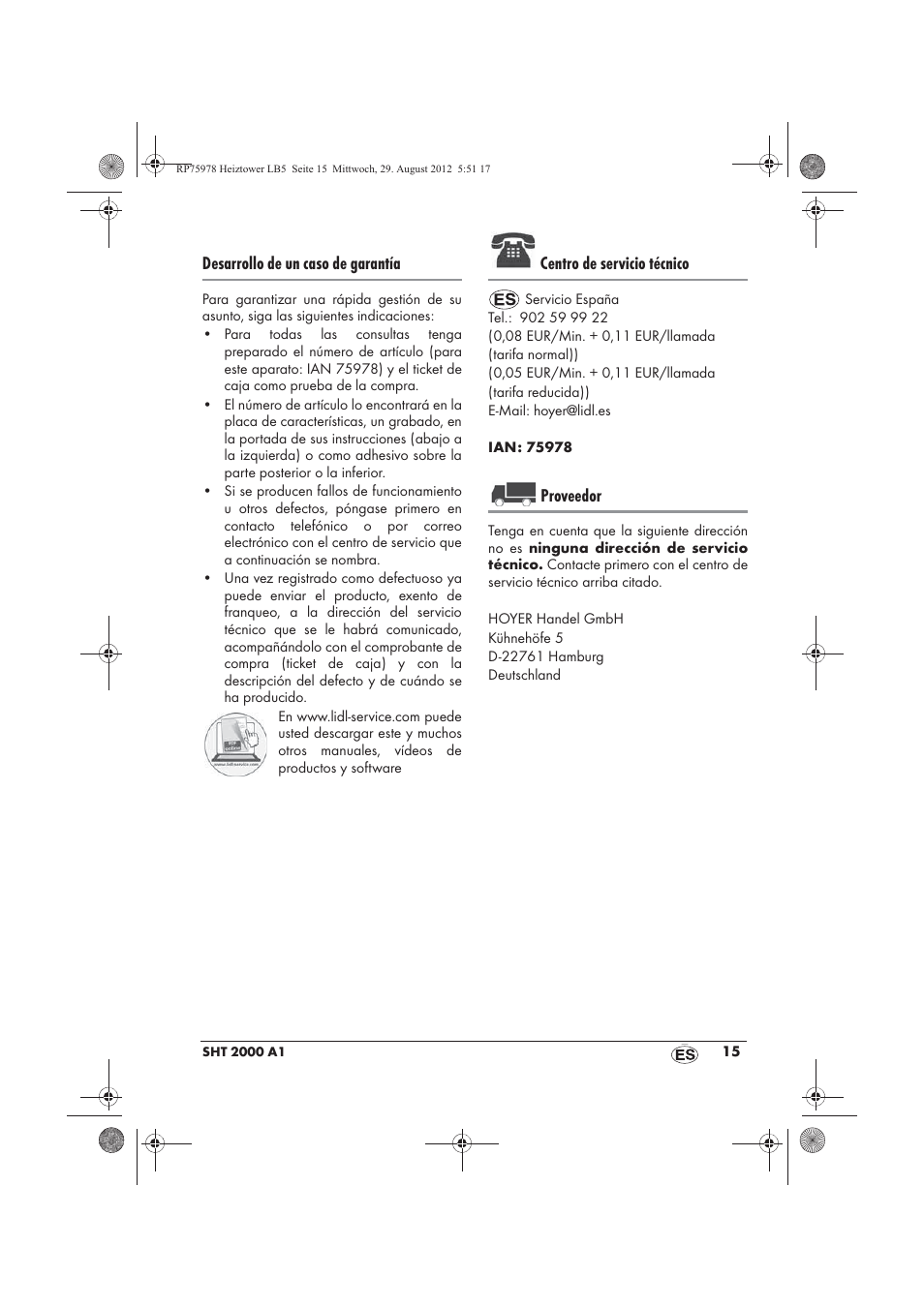 Desarrollo de un caso de garantía, Centro de servicio técnico, Proveedor | Silvercrest SHT 2000 A1 User Manual | Page 17 / 70
