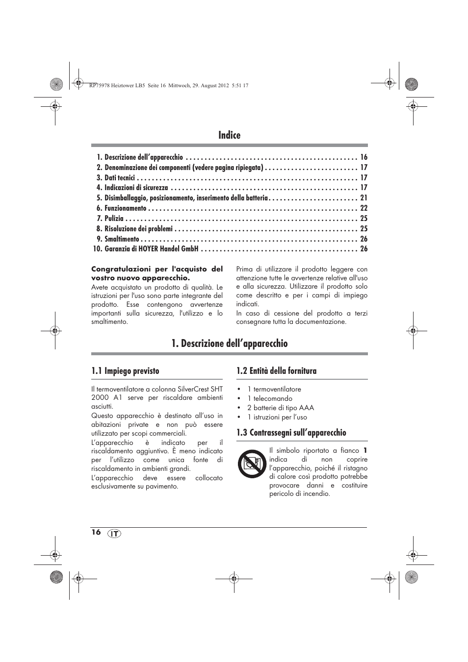 Indice, Descrizione dell’apparecchio | Silvercrest SHT 2000 A1 User Manual | Page 18 / 70