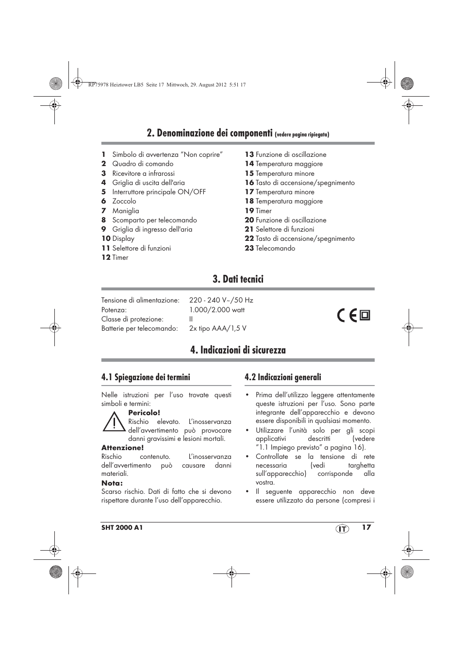 Denominazione dei componenti, Dati tecnici, Indicazioni di sicurezza | 1 spiegazione dei termini, 2 indicazioni generali | Silvercrest SHT 2000 A1 User Manual | Page 19 / 70