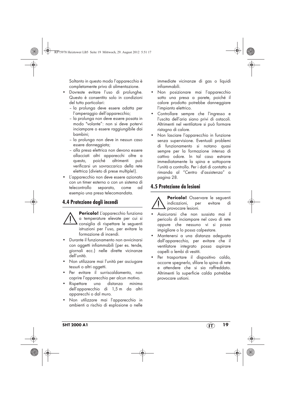 4 protezione dagli incendi, 5 protezione da lesioni | Silvercrest SHT 2000 A1 User Manual | Page 21 / 70