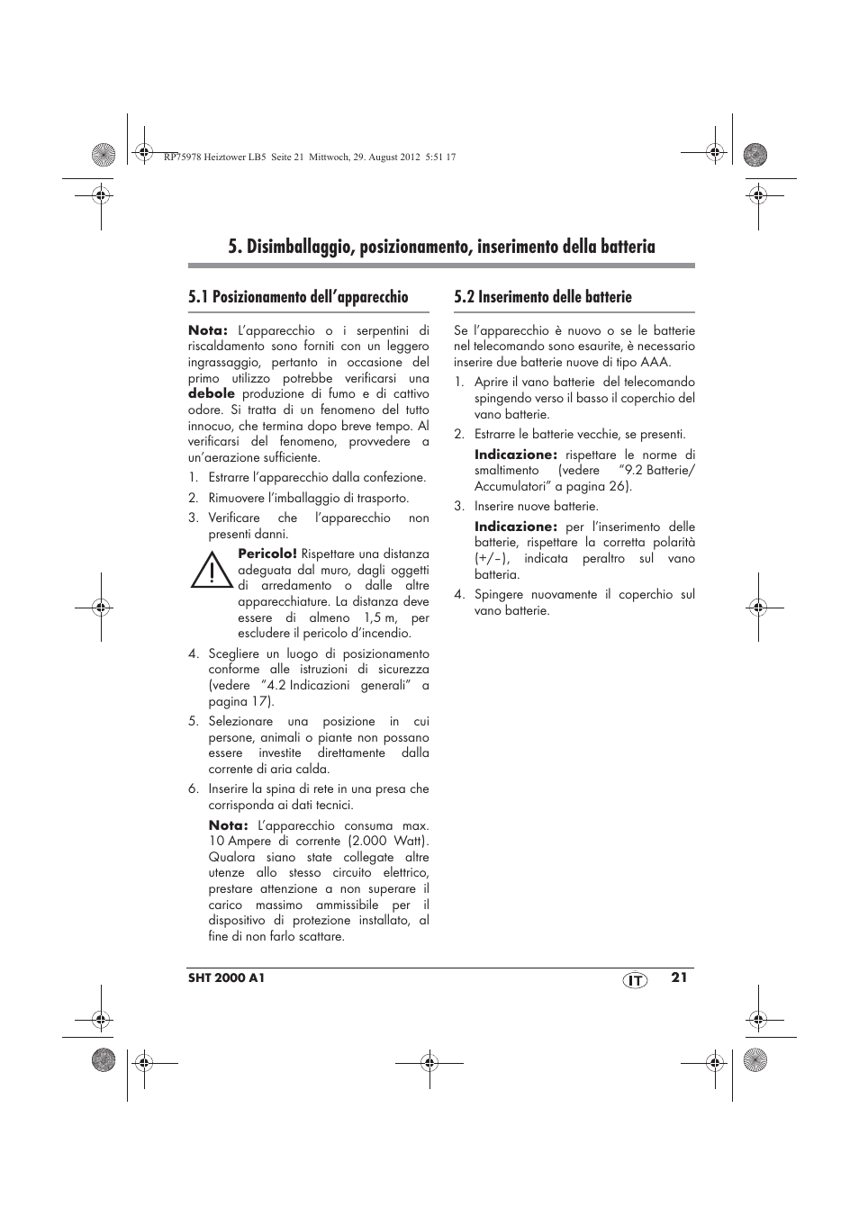 1 posizionamento dell’apparecchio, 2 inserimento delle batterie | Silvercrest SHT 2000 A1 User Manual | Page 23 / 70