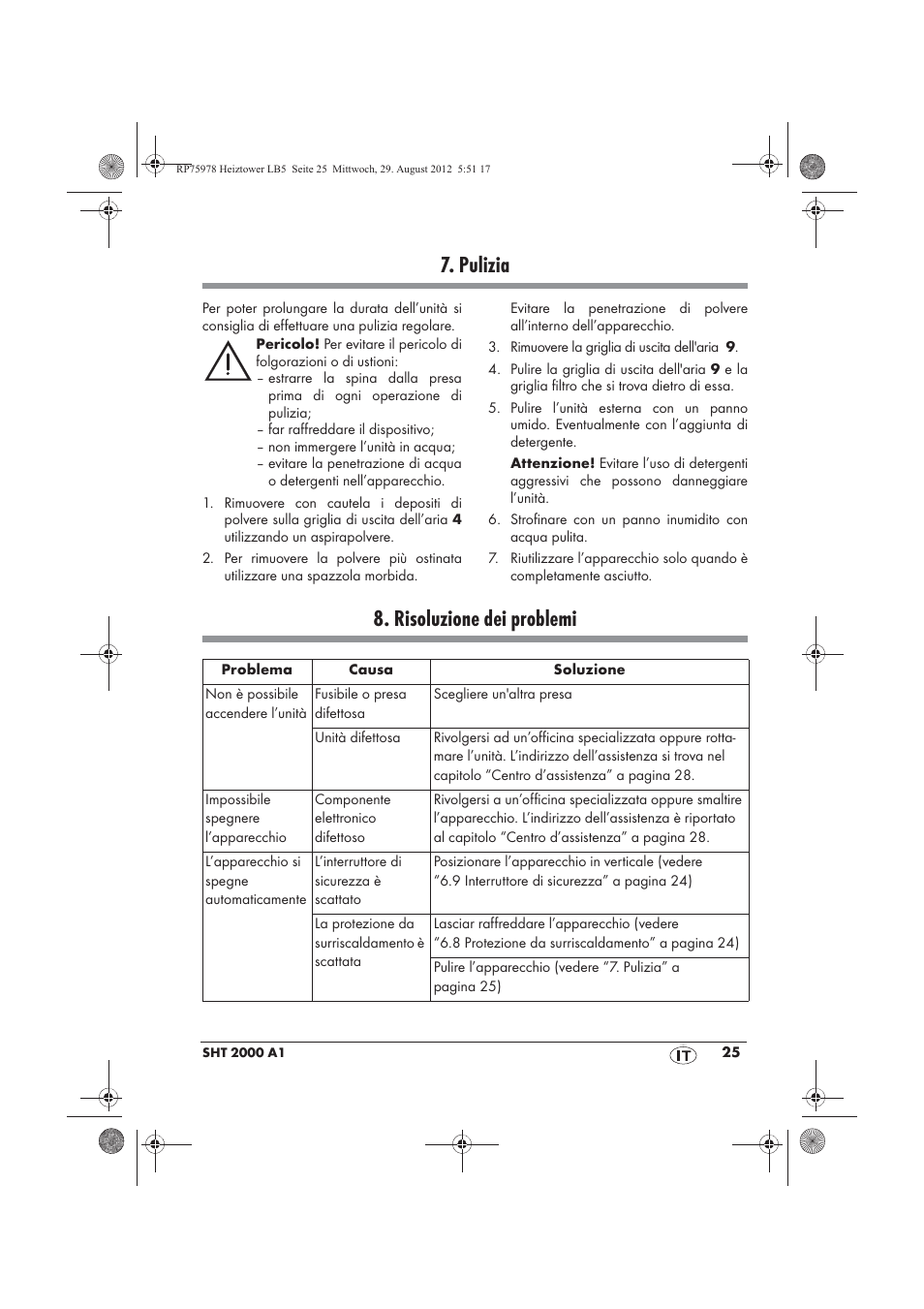 Pulizia, Risoluzione dei problemi | Silvercrest SHT 2000 A1 User Manual | Page 27 / 70