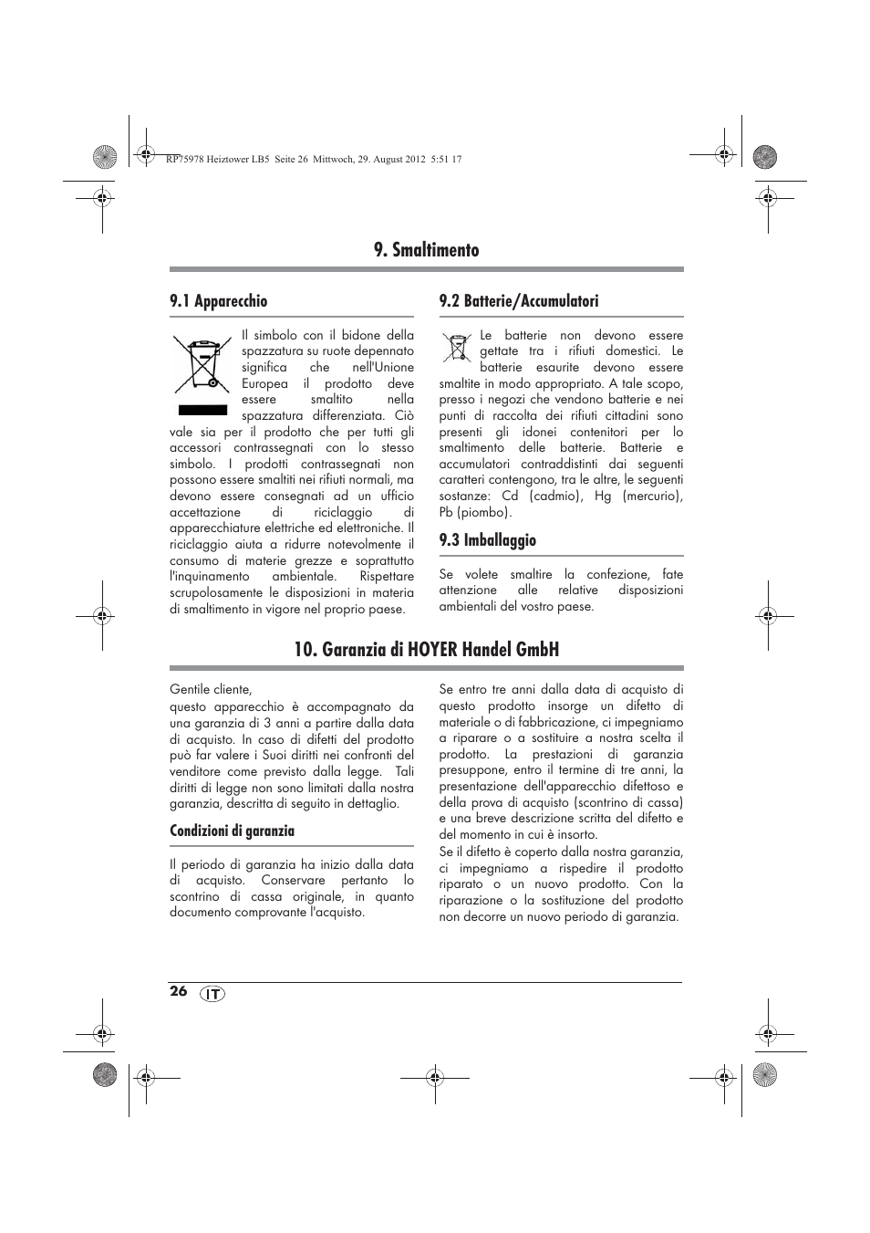 Smaltimento, Garanzia di hoyer handel gmbh | Silvercrest SHT 2000 A1 User Manual | Page 28 / 70