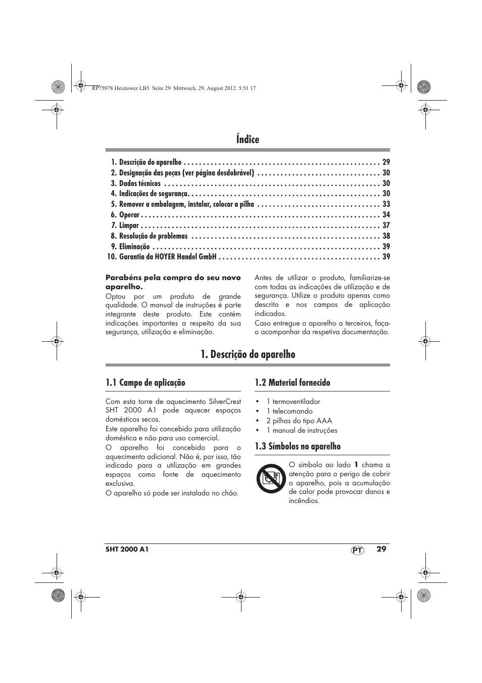 Índice, Descrição do aparelho | Silvercrest SHT 2000 A1 User Manual | Page 31 / 70