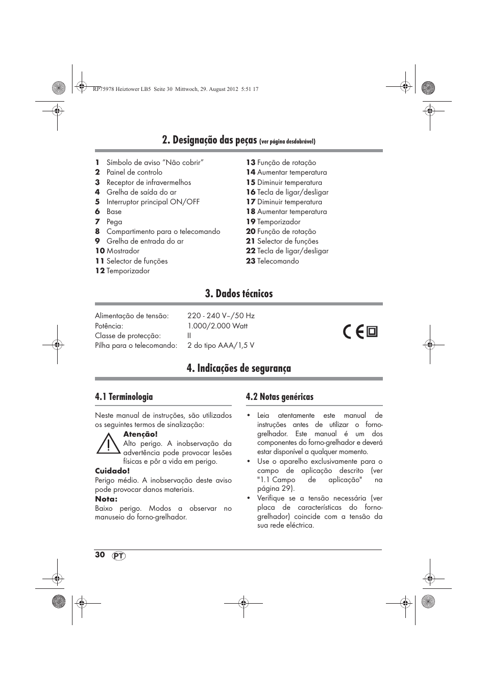 Designação das peças, Dados técnicos, Indicações de segurança | 1 terminologia, 2 notas genéricas | Silvercrest SHT 2000 A1 User Manual | Page 32 / 70