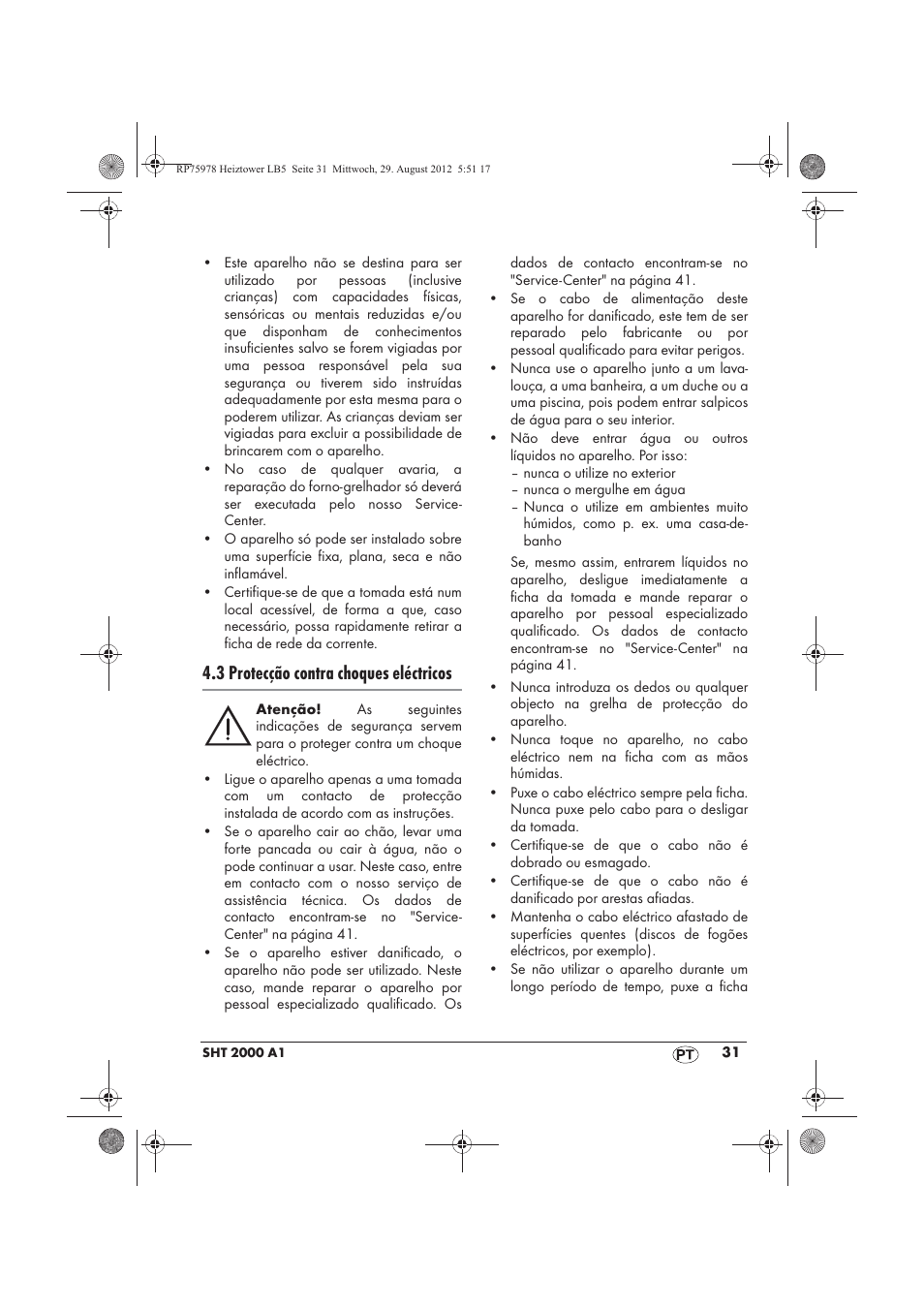 3 protecção contra choques eléctricos | Silvercrest SHT 2000 A1 User Manual | Page 33 / 70
