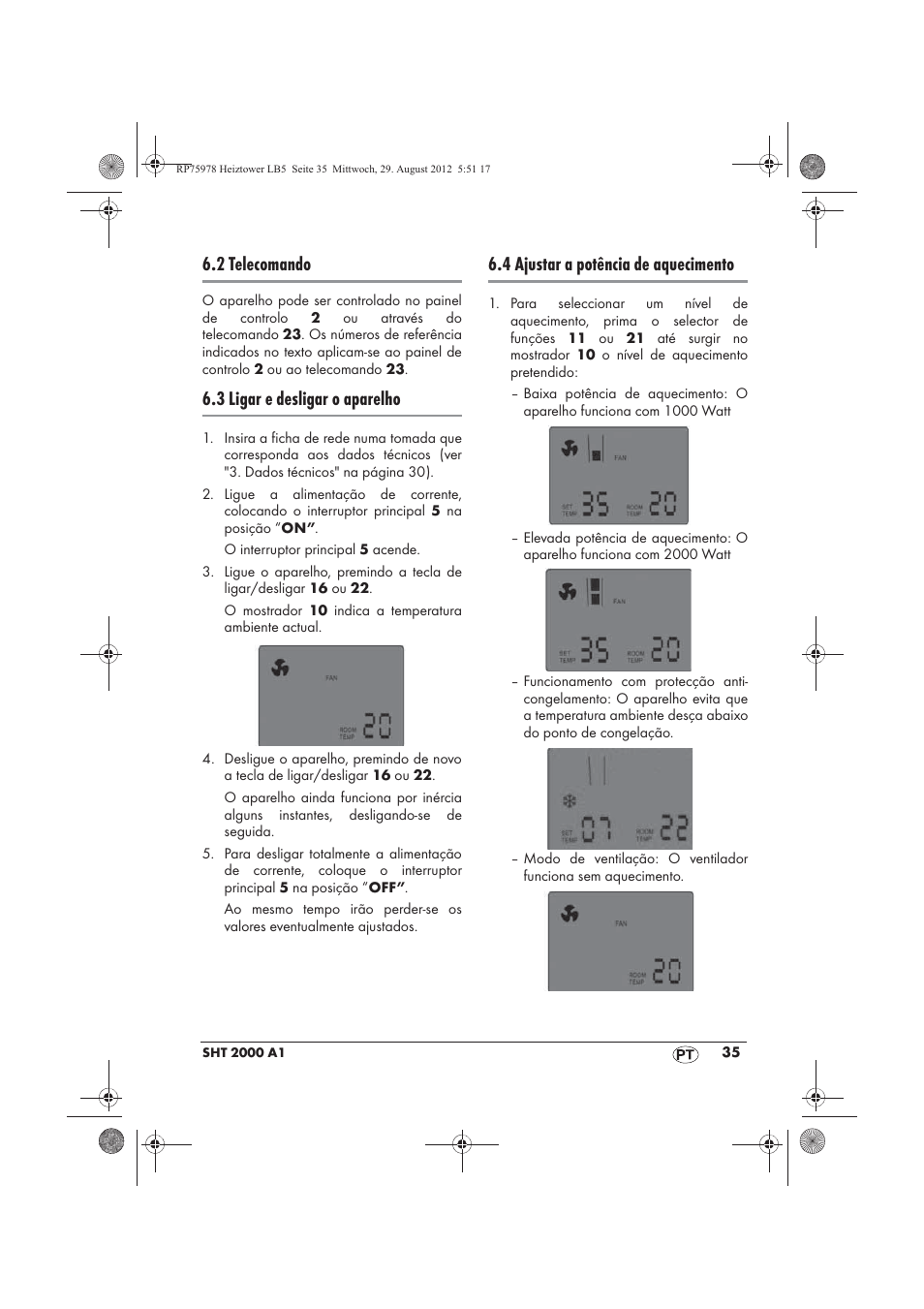 2 telecomando, 3 ligar e desligar o aparelho, 4 ajustar a potência de aquecimento | Silvercrest SHT 2000 A1 User Manual | Page 37 / 70