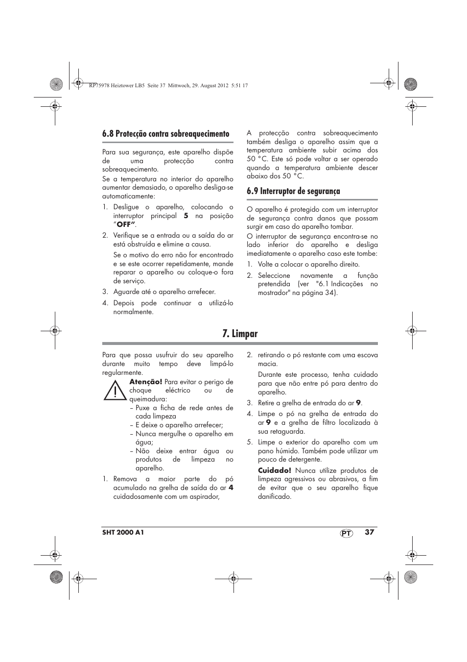 Limpar, 8 protecção contra sobreaquecimento, 9 interruptor de segurança | Silvercrest SHT 2000 A1 User Manual | Page 39 / 70