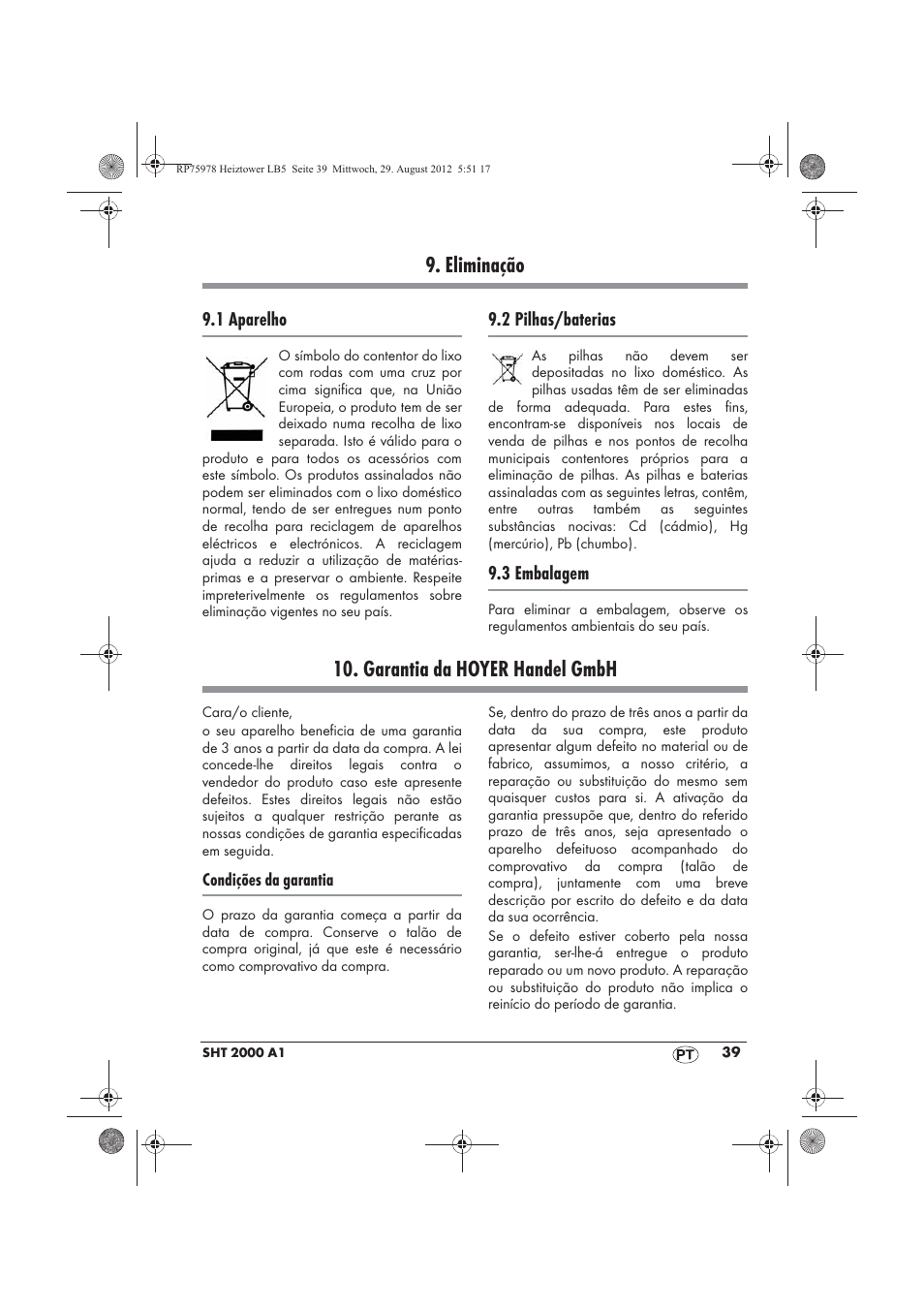 Eliminação, Garantia da hoyer handel gmbh | Silvercrest SHT 2000 A1 User Manual | Page 41 / 70