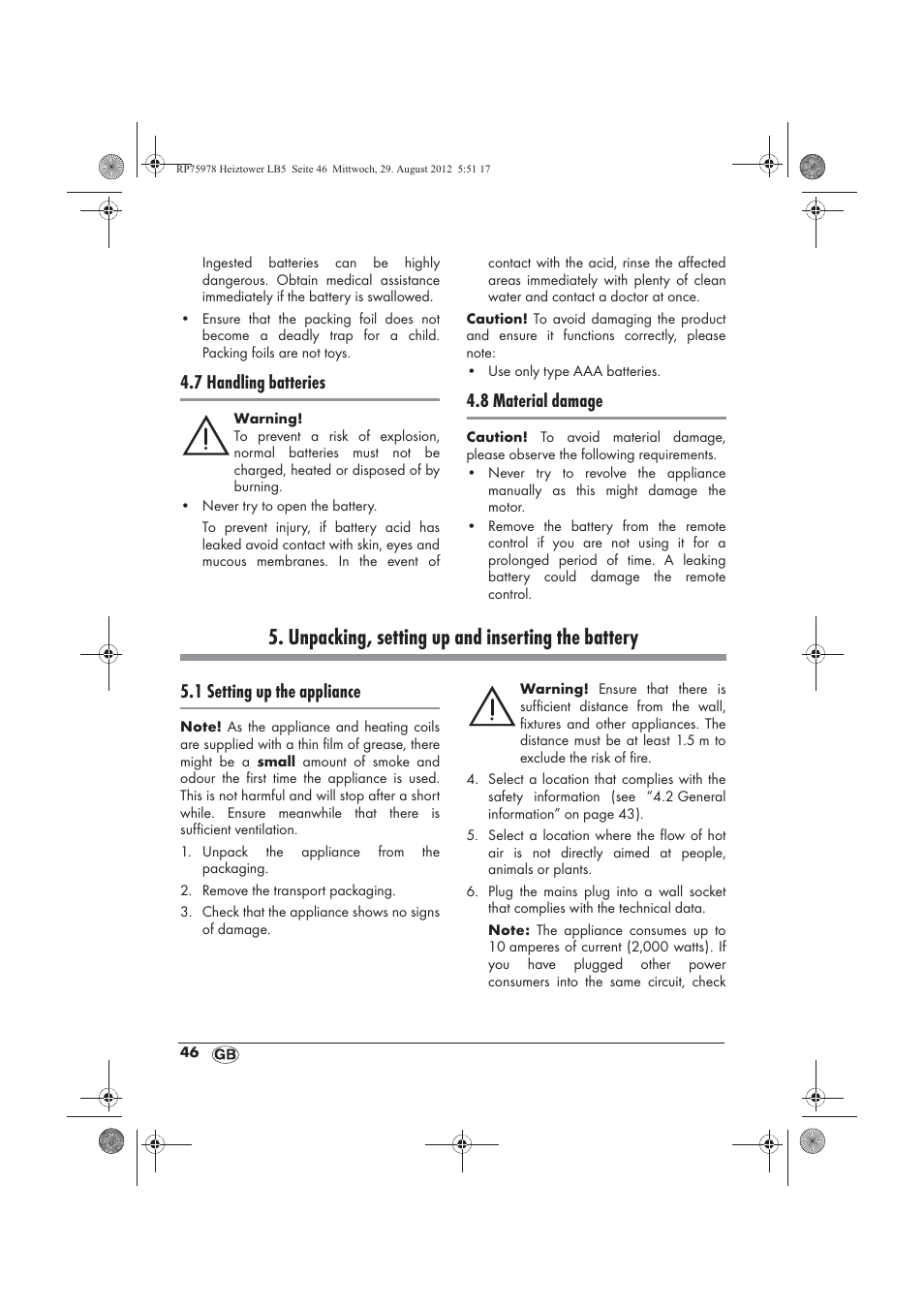 Unpacking, setting up and inserting the battery, 7 handling batteries, 8 material damage | 1 setting up the appliance | Silvercrest SHT 2000 A1 User Manual | Page 48 / 70