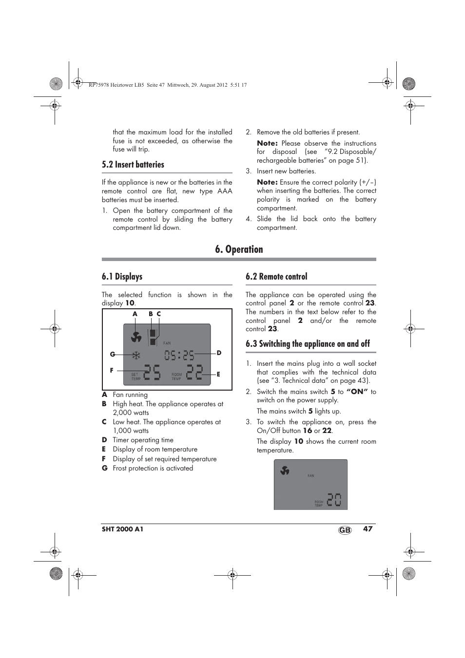 Operation, 2 insert batteries, 1 displays | 2 remote control, 3 switching the appliance on and off | Silvercrest SHT 2000 A1 User Manual | Page 49 / 70