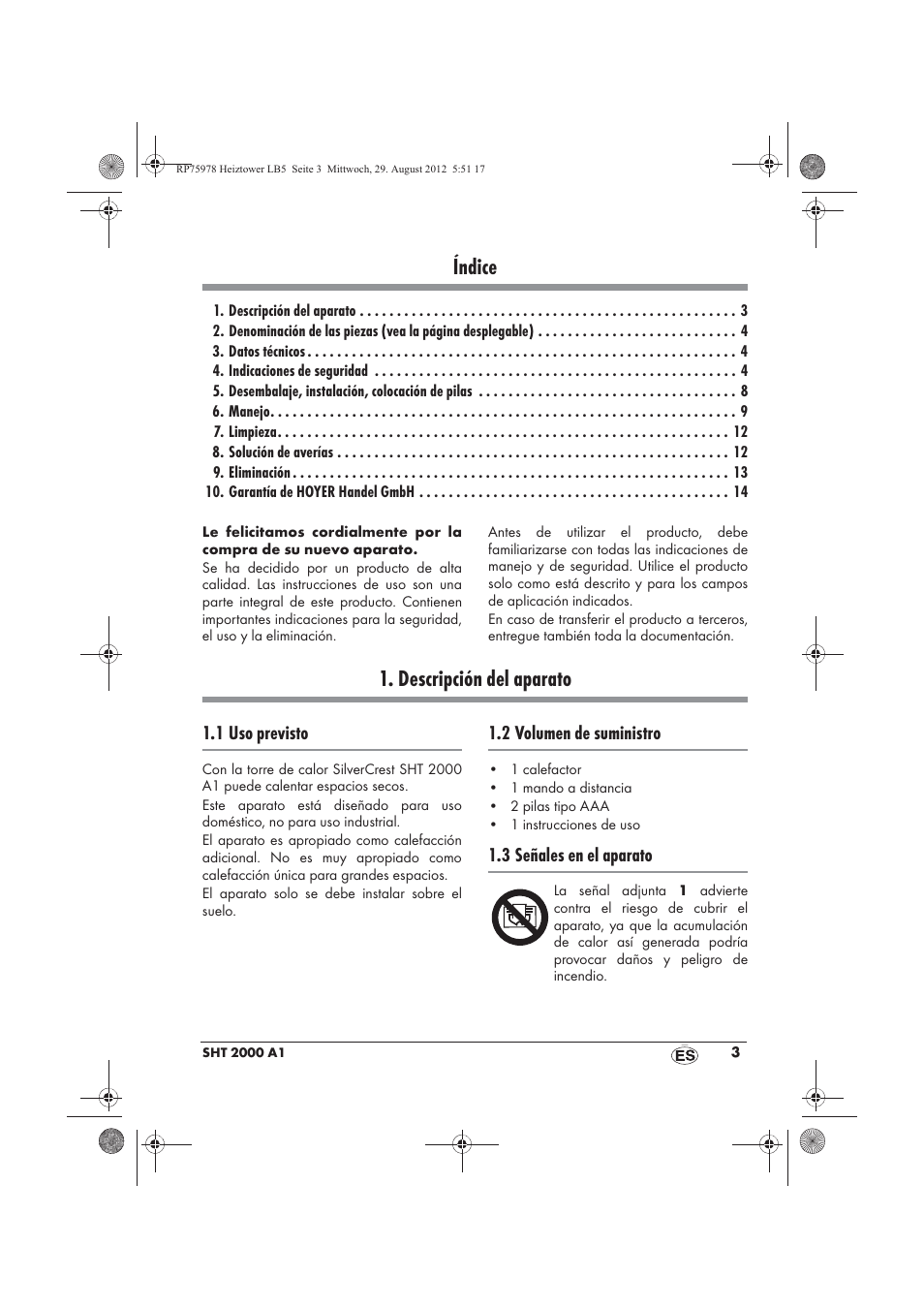 Índice, Descripción del aparato | Silvercrest SHT 2000 A1 User Manual | Page 5 / 70
