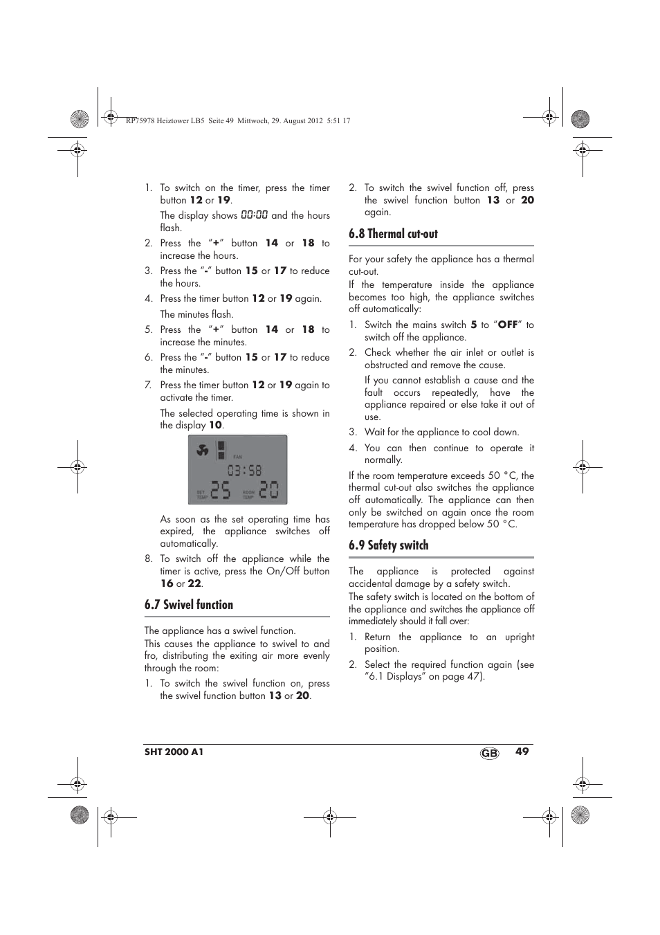 7 swivel function, 8 thermal cut-out, 9 safety switch | Silvercrest SHT 2000 A1 User Manual | Page 51 / 70