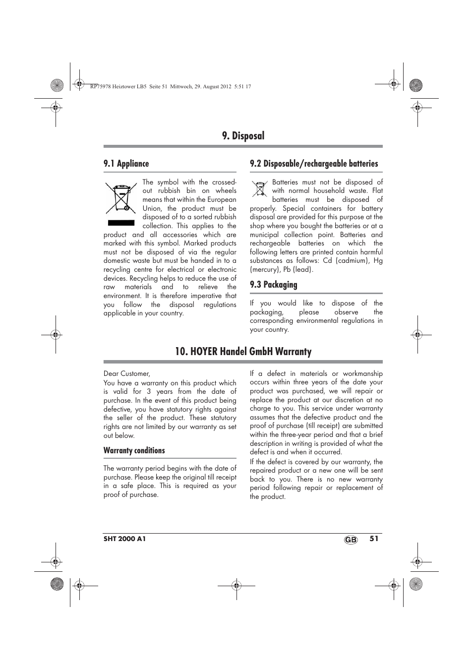 Disposal, Hoyer handel gmbh warranty | Silvercrest SHT 2000 A1 User Manual | Page 53 / 70