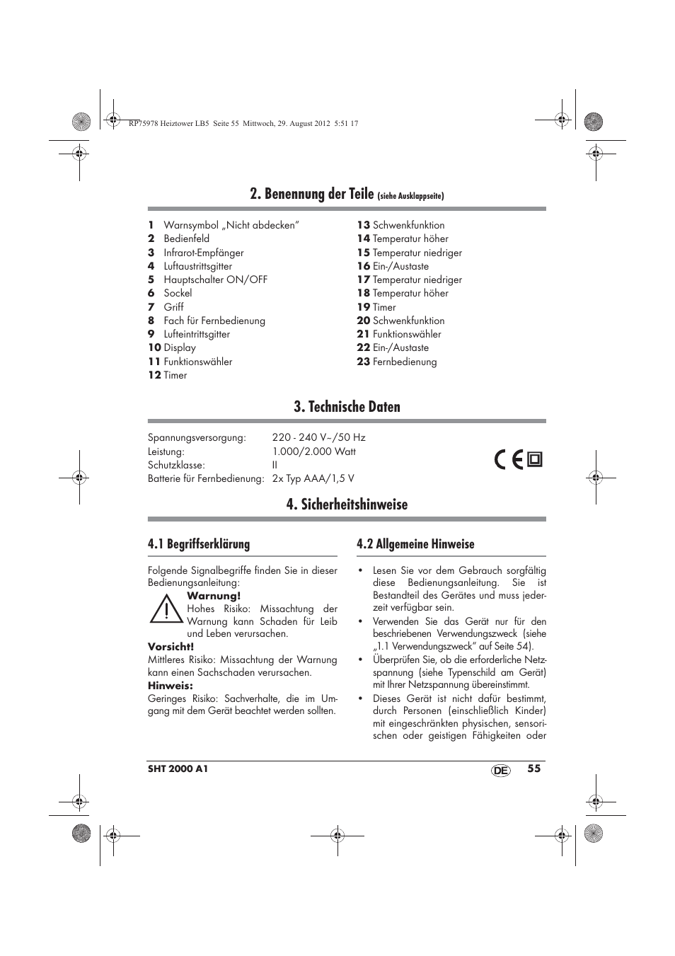 Benennung der teile, Technische daten, Sicherheitshinweise | 1 begriffserklärung, 2 allgemeine hinweise | Silvercrest SHT 2000 A1 User Manual | Page 57 / 70