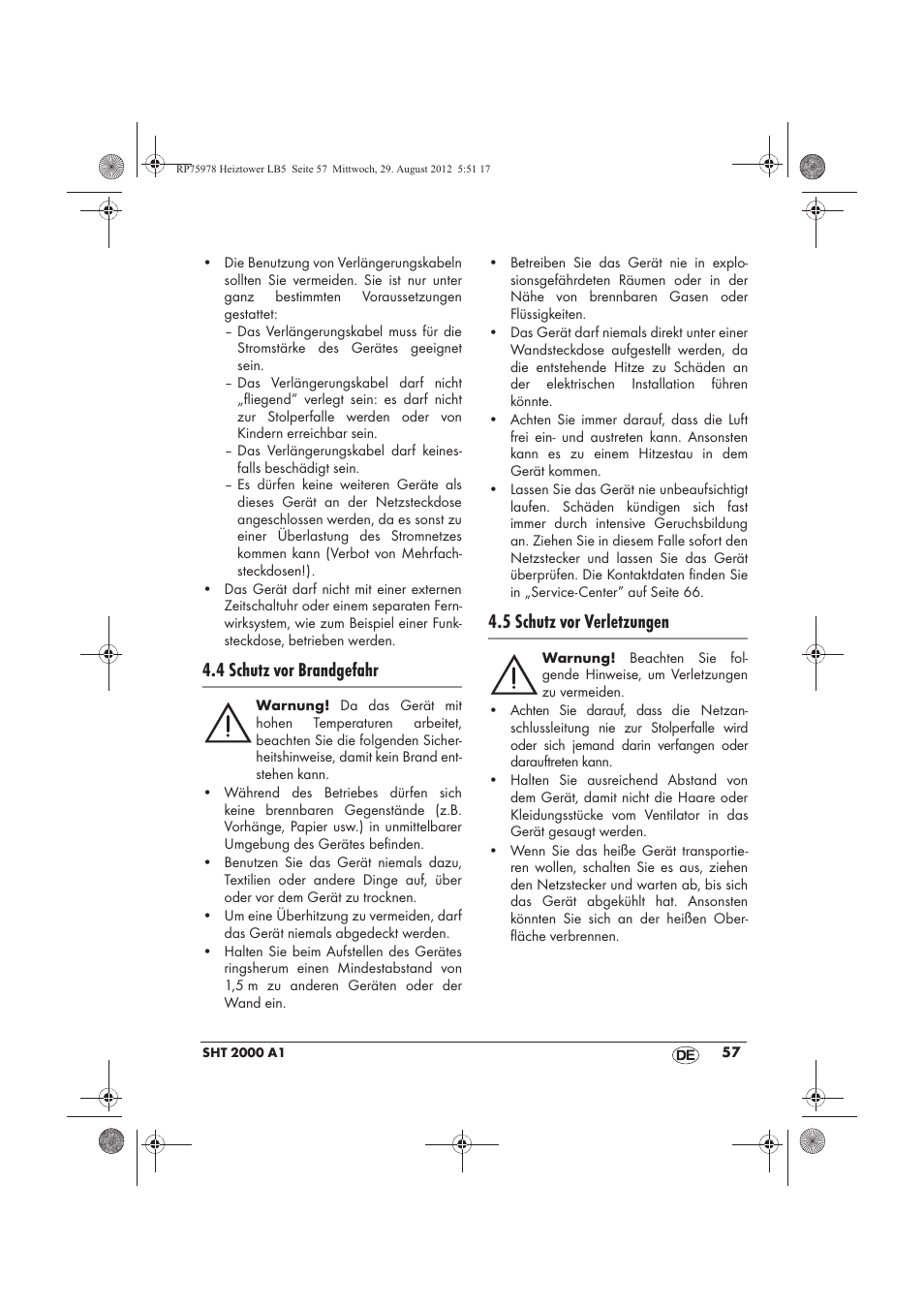 4 schutz vor brandgefahr, 5 schutz vor verletzungen | Silvercrest SHT 2000 A1 User Manual | Page 59 / 70