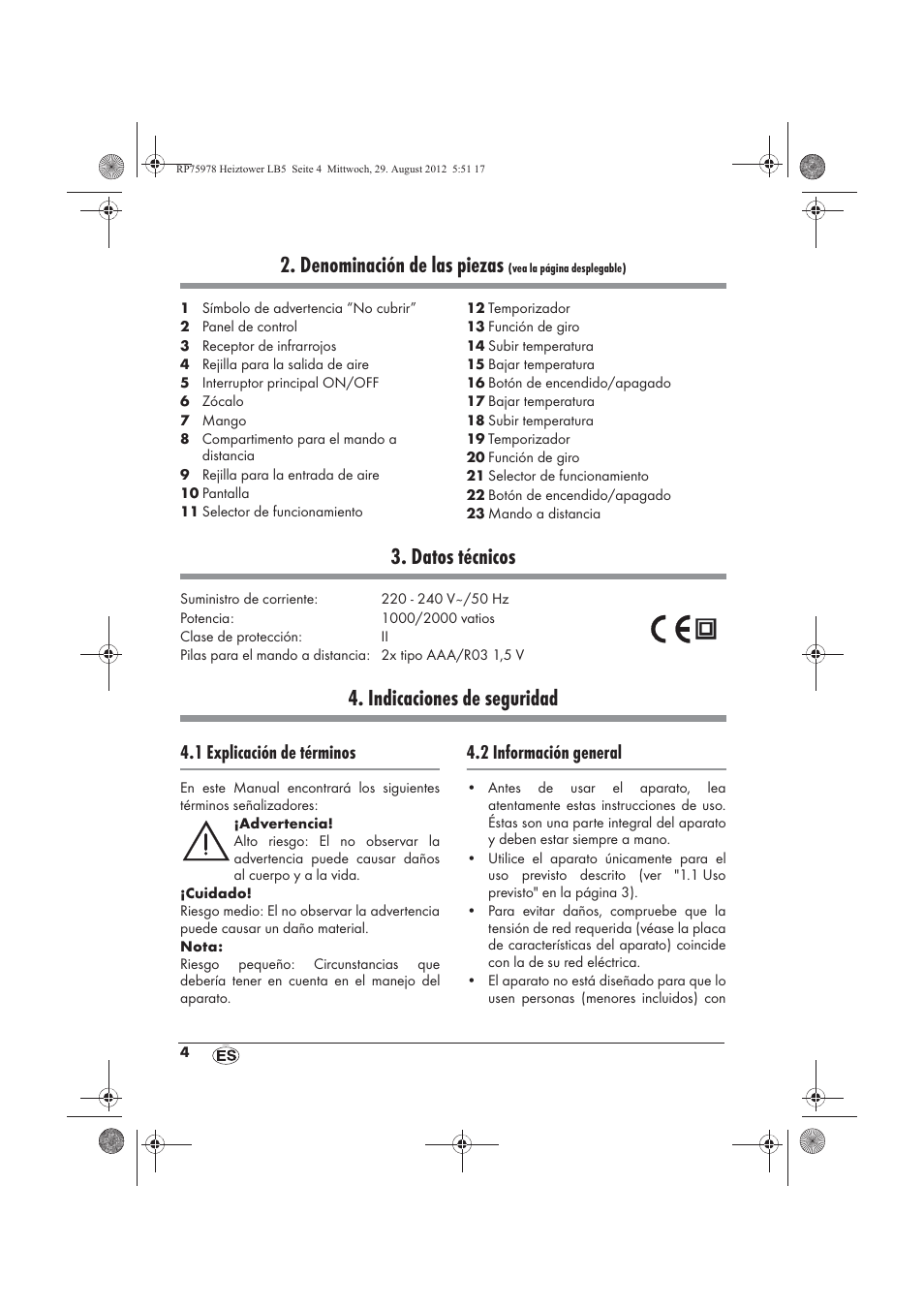 Denominación de las piezas, Datos técnicos, Indicaciones de seguridad | 1 explicación de términos, 2 información general | Silvercrest SHT 2000 A1 User Manual | Page 6 / 70