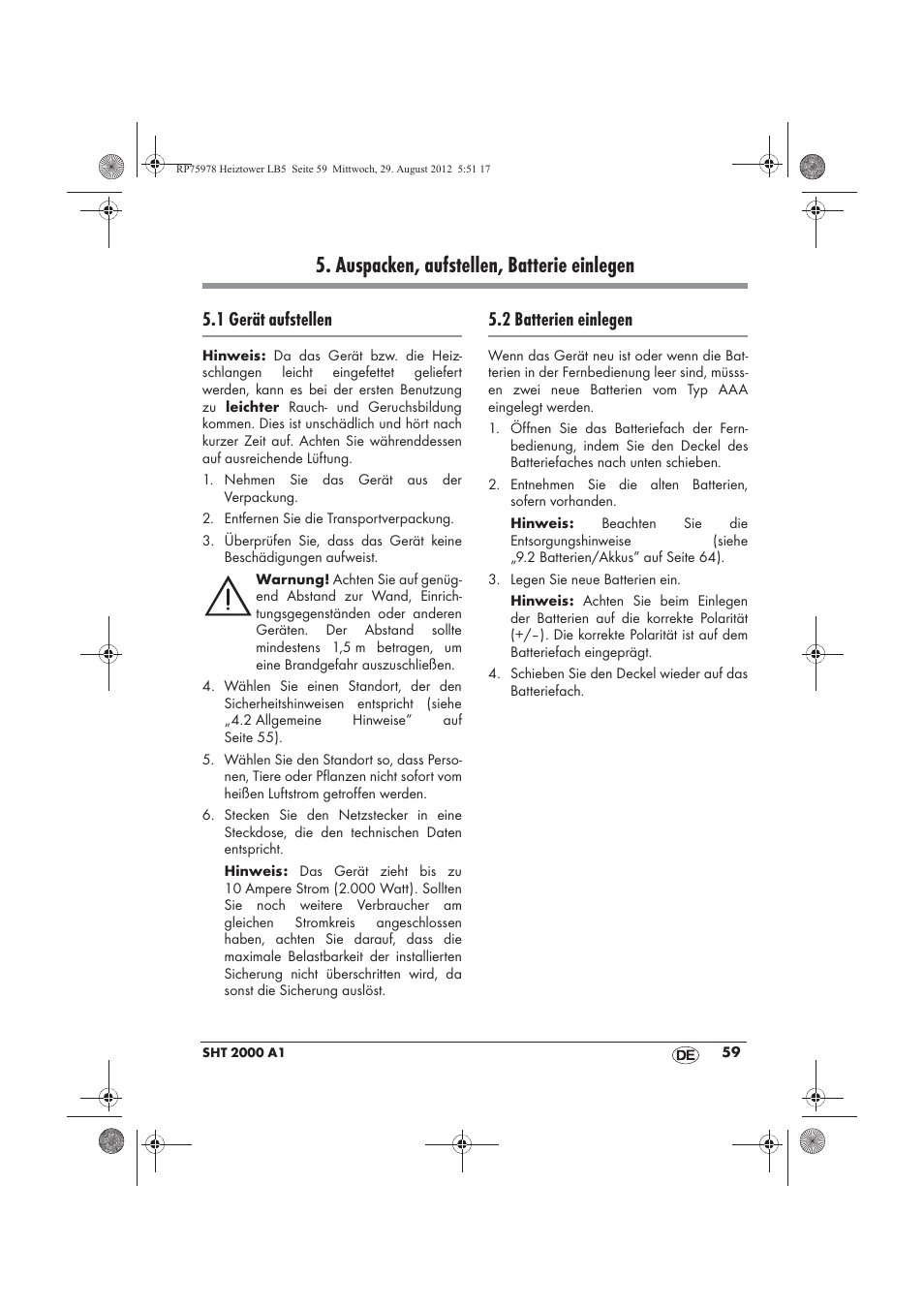 Auspacken, aufstellen, batterie einlegen, 1 gerät aufstellen, 2 batterien einlegen | Silvercrest SHT 2000 A1 User Manual | Page 61 / 70