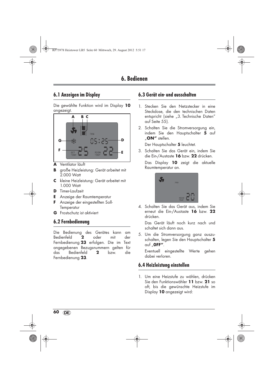 Bedienen, 1 anzeigen im display, 2 fernbedienung | 3 gerät ein- und ausschalten, 4 heizleistung einstellen | Silvercrest SHT 2000 A1 User Manual | Page 62 / 70