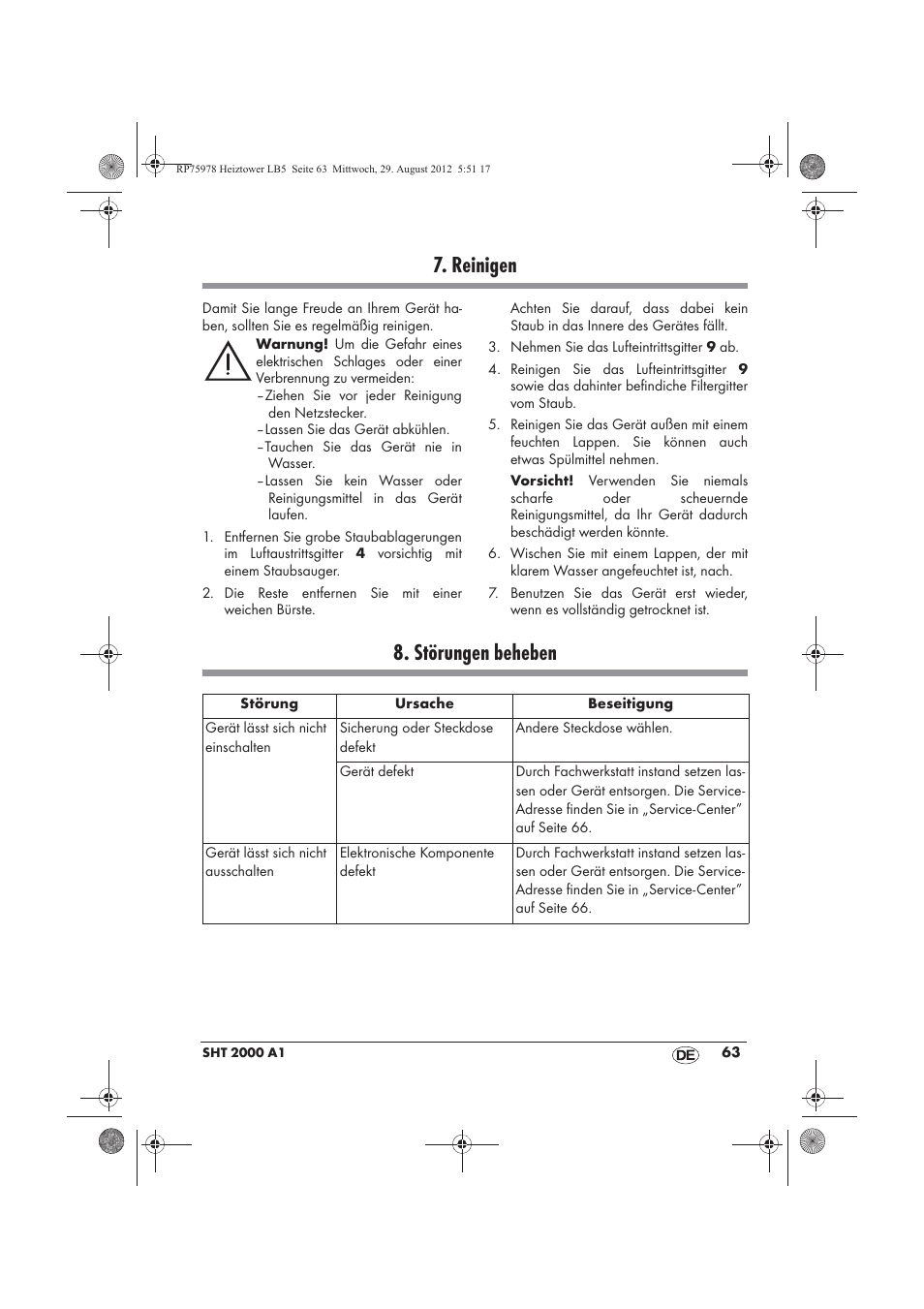 Reinigen, Störungen beheben | Silvercrest SHT 2000 A1 User Manual | Page 65 / 70