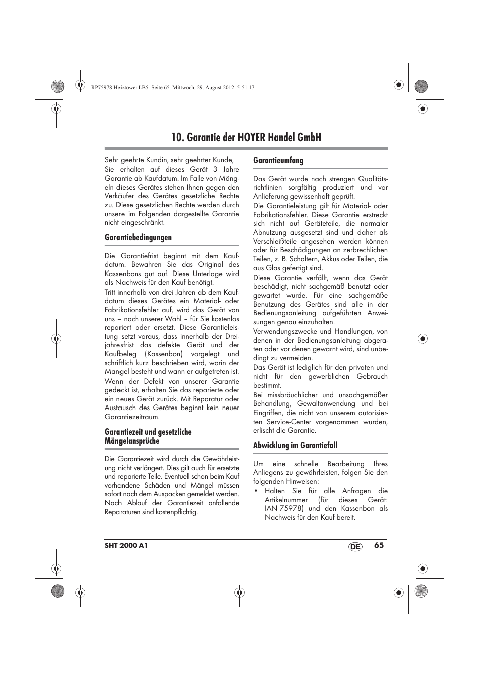 Garantie der hoyer handel gmbh | Silvercrest SHT 2000 A1 User Manual | Page 67 / 70