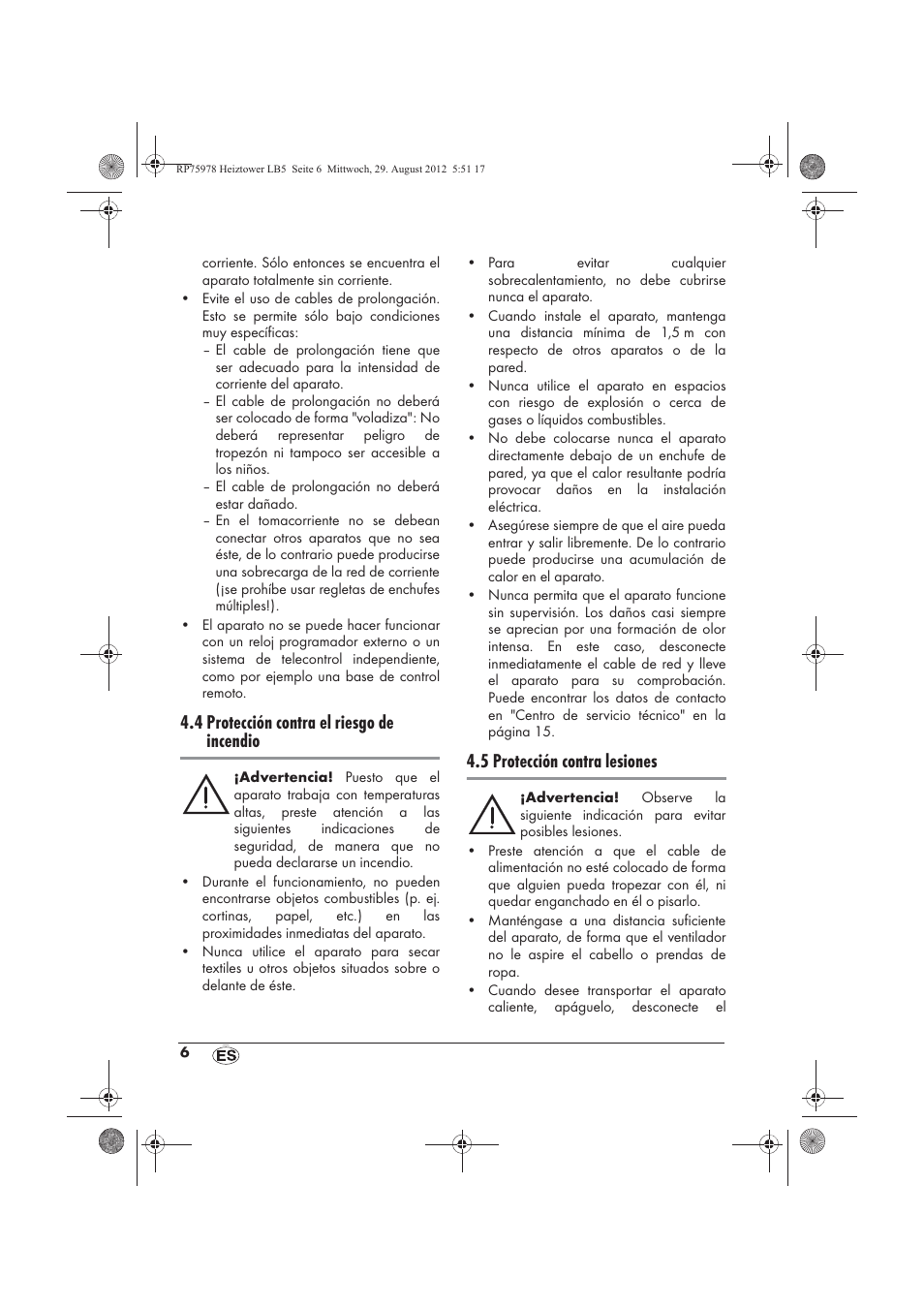 4 protección contra el riesgo de incendio, 5 protección contra lesiones | Silvercrest SHT 2000 A1 User Manual | Page 8 / 70