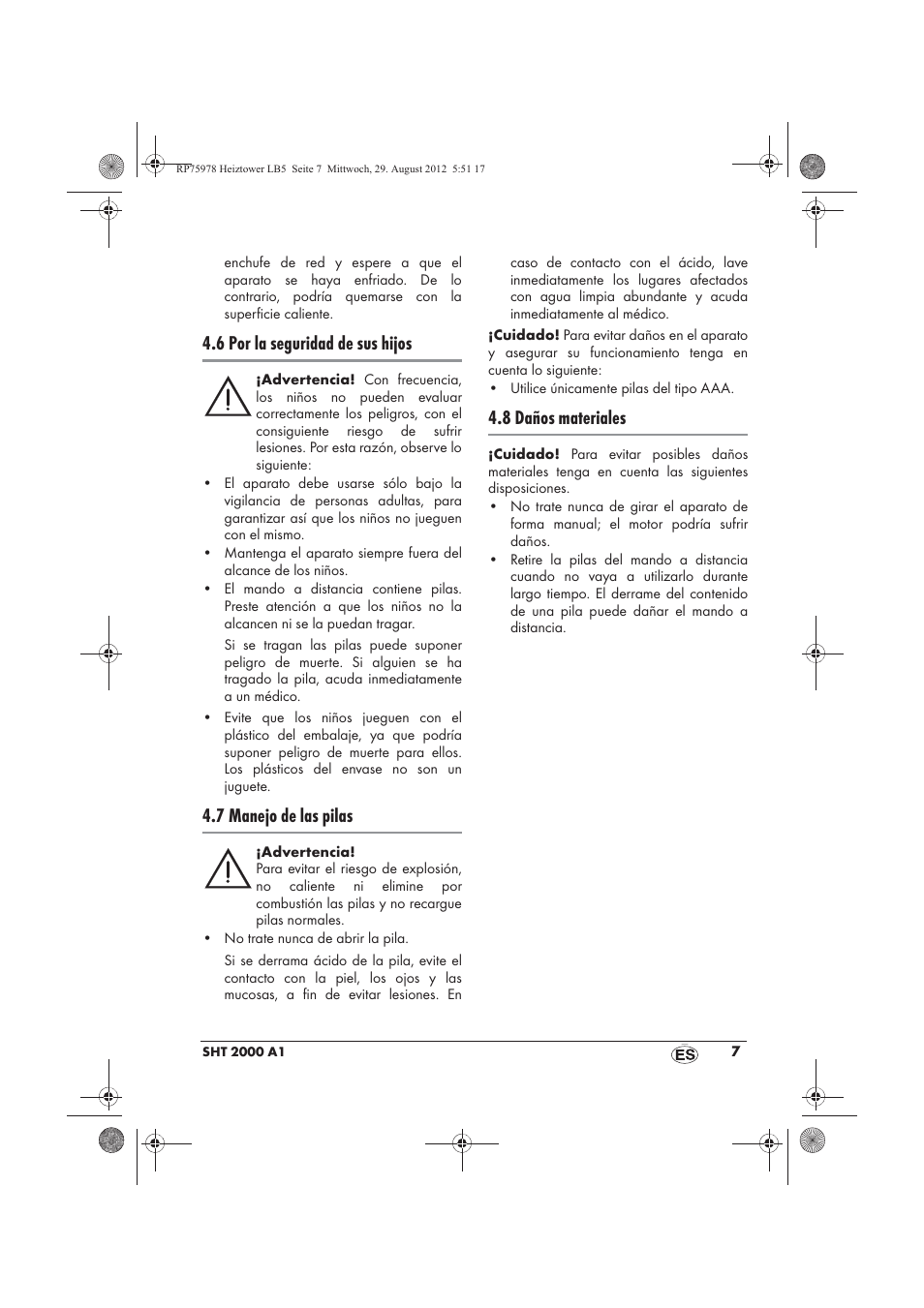 6 por la seguridad de sus hijos, 7 manejo de las pilas, 8 daños materiales | Silvercrest SHT 2000 A1 User Manual | Page 9 / 70