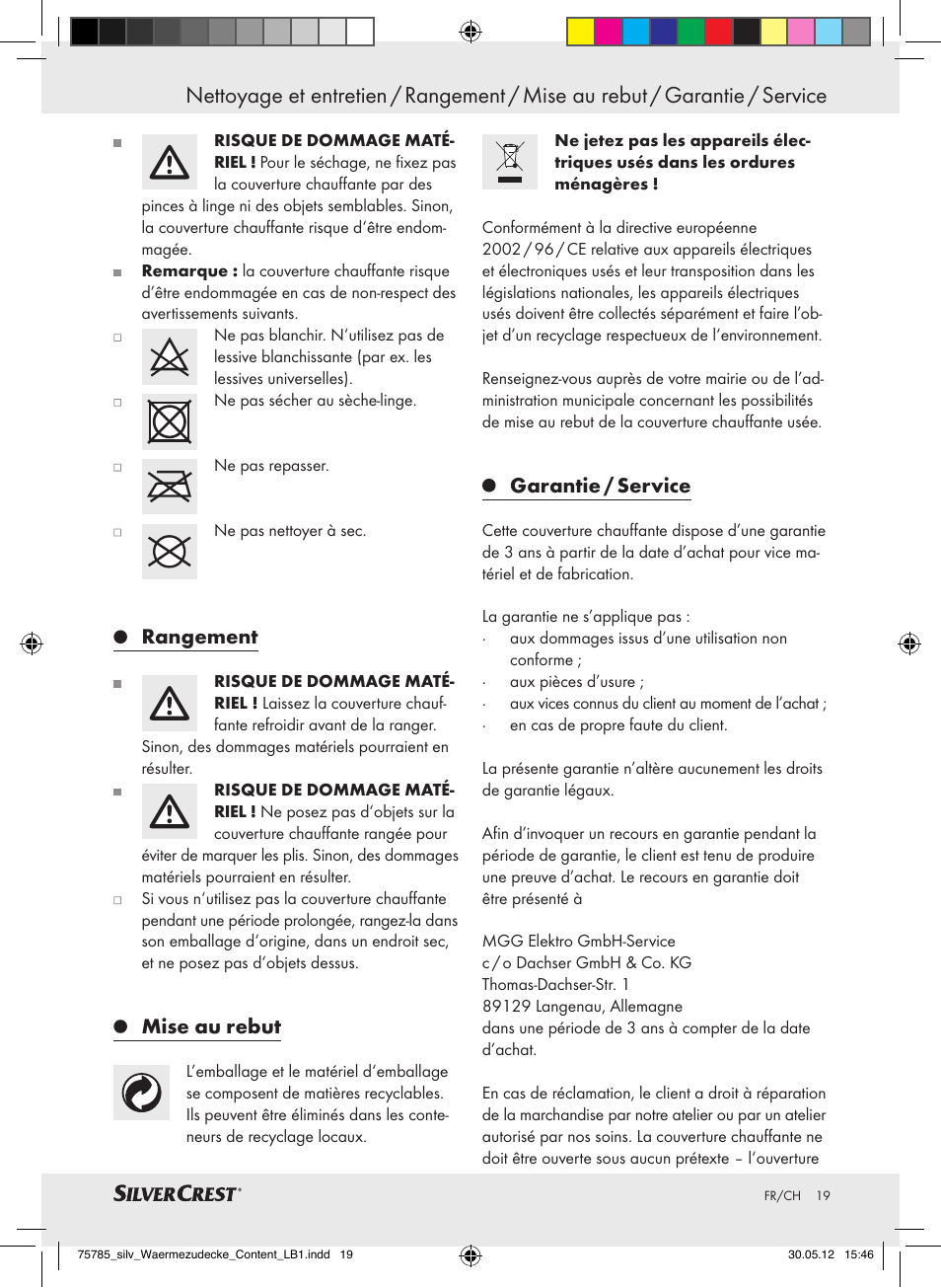 Rangement, Mise au rebut, Garantie / service | Silvercrest SWD 100 A2 User Manual | Page 19 / 44