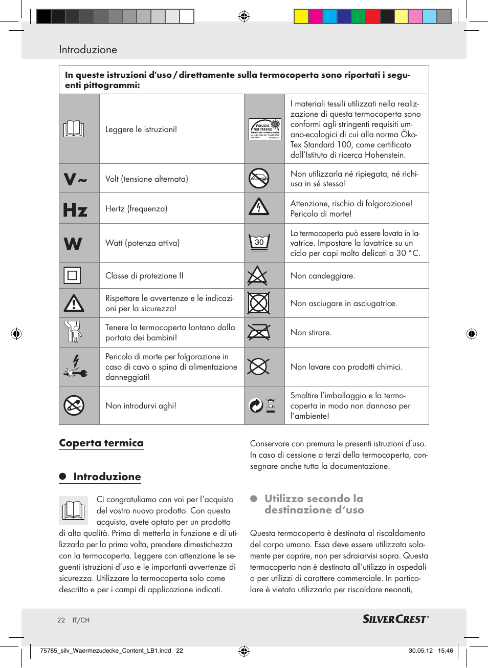 Coperta termica introduzione, Utilizzo secondo la destinazione d‘uso | Silvercrest SWD 100 A2 User Manual | Page 22 / 44