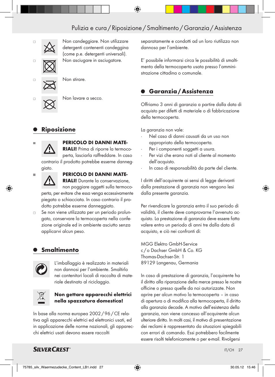 Riposizione, Smaltimento, Garanzia / assistenza | Silvercrest SWD 100 A2 User Manual | Page 27 / 44
