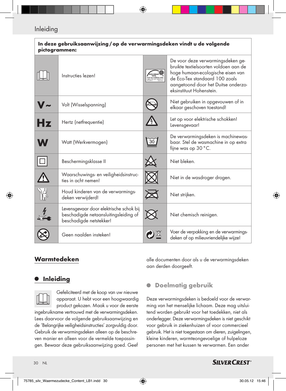 Warmtedeken inleiding, Doelmatig gebruik | Silvercrest SWD 100 A2 User Manual | Page 30 / 44