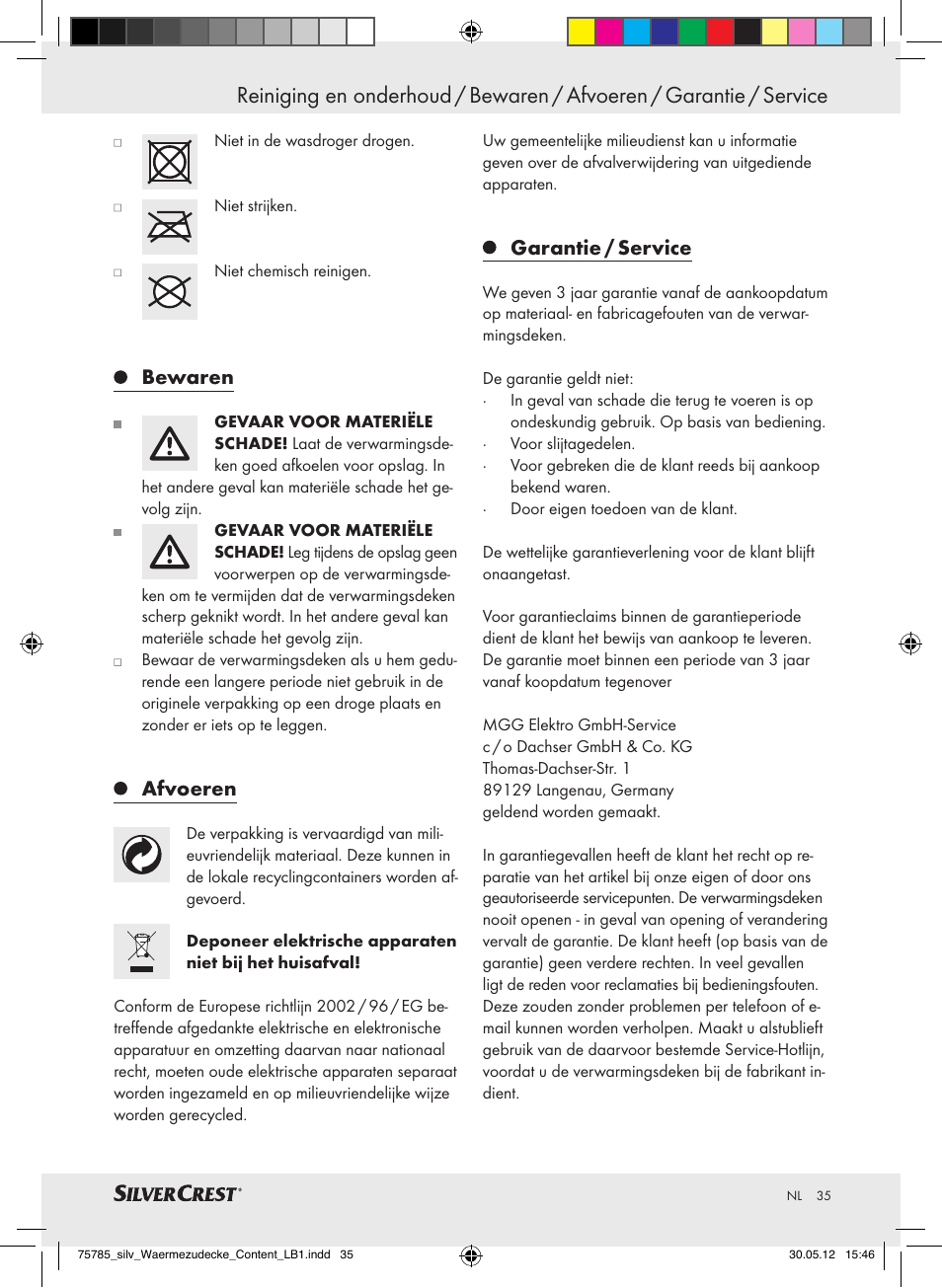 Bewaren, Afvoeren, Garantie / service | Silvercrest SWD 100 A2 User Manual | Page 35 / 44