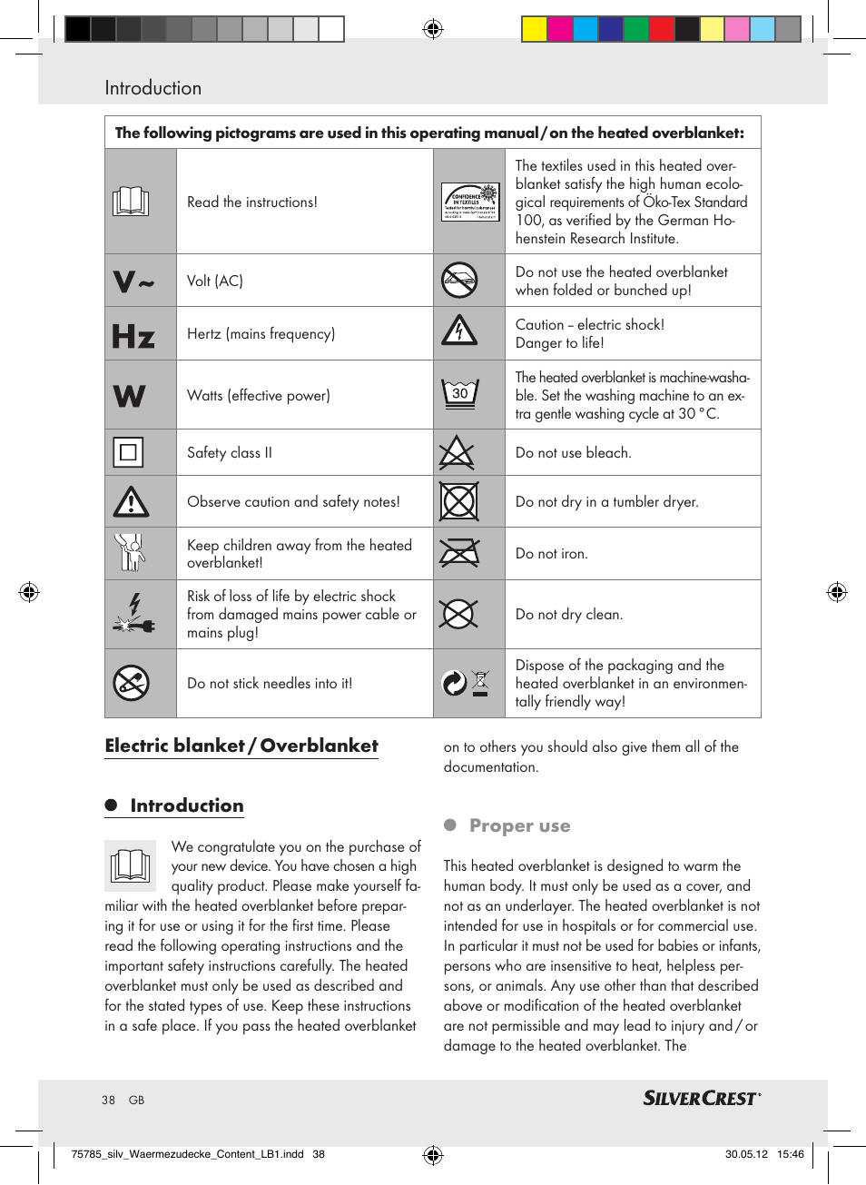Electric blanket / overblanket introduction, Proper use | Silvercrest SWD 100 A2 User Manual | Page 38 / 44